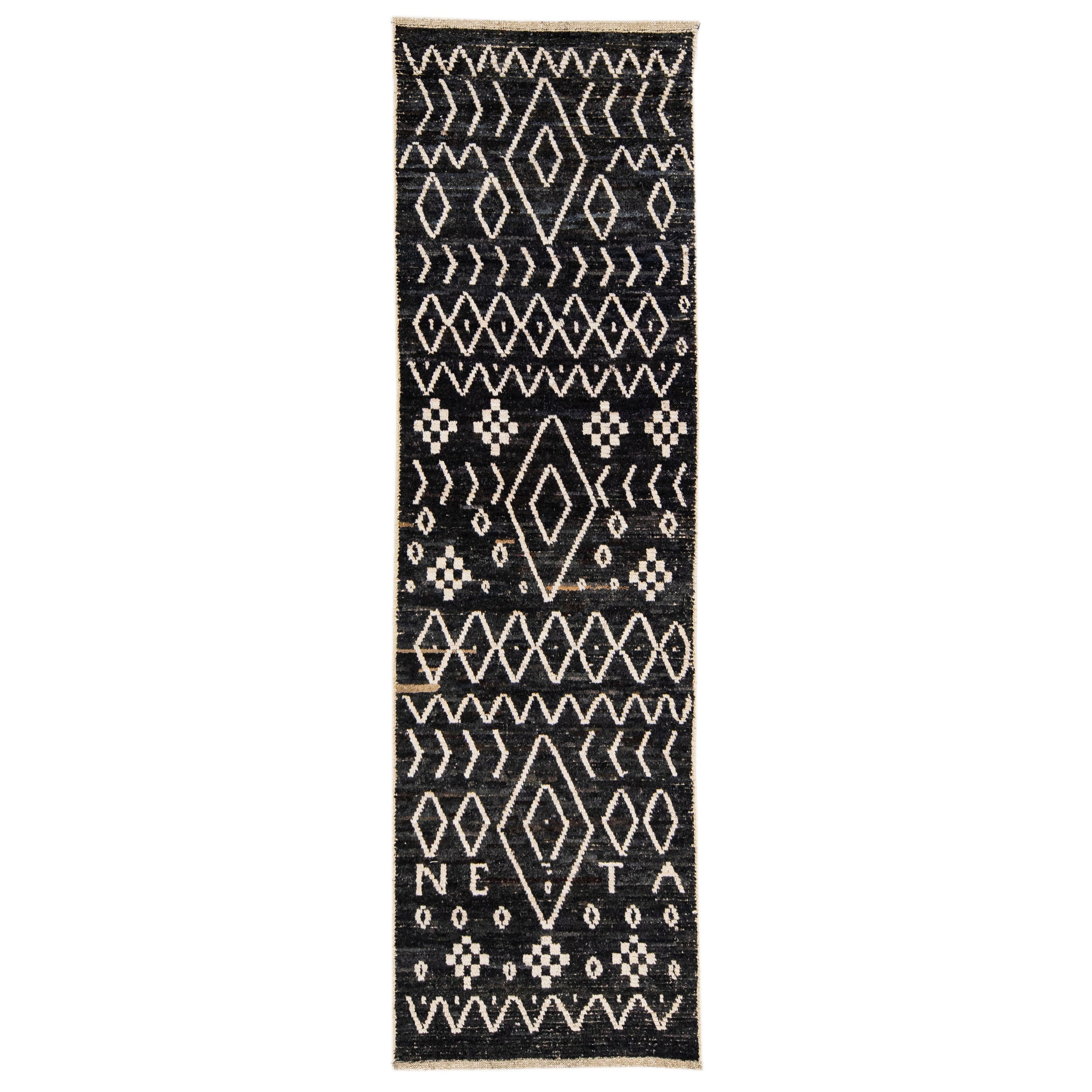 Moderner marokkanischer Stil Handgefertigter Geometrischer Läufer aus brauner Wolle im Angebot