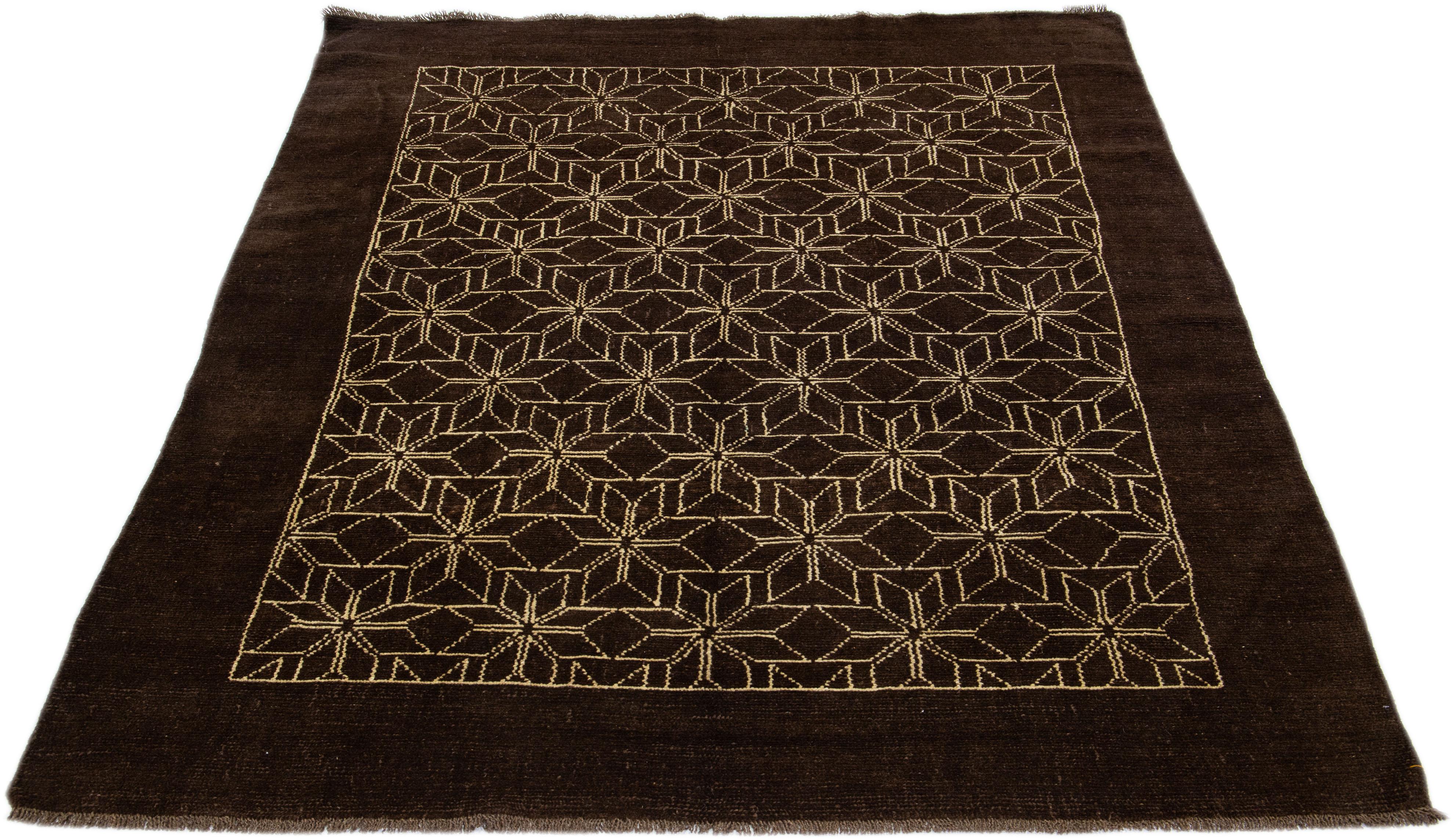 Afghan Modern Moroccan Style Handmade Geometric Dark Brown Wool Rug by Apadana For Sale