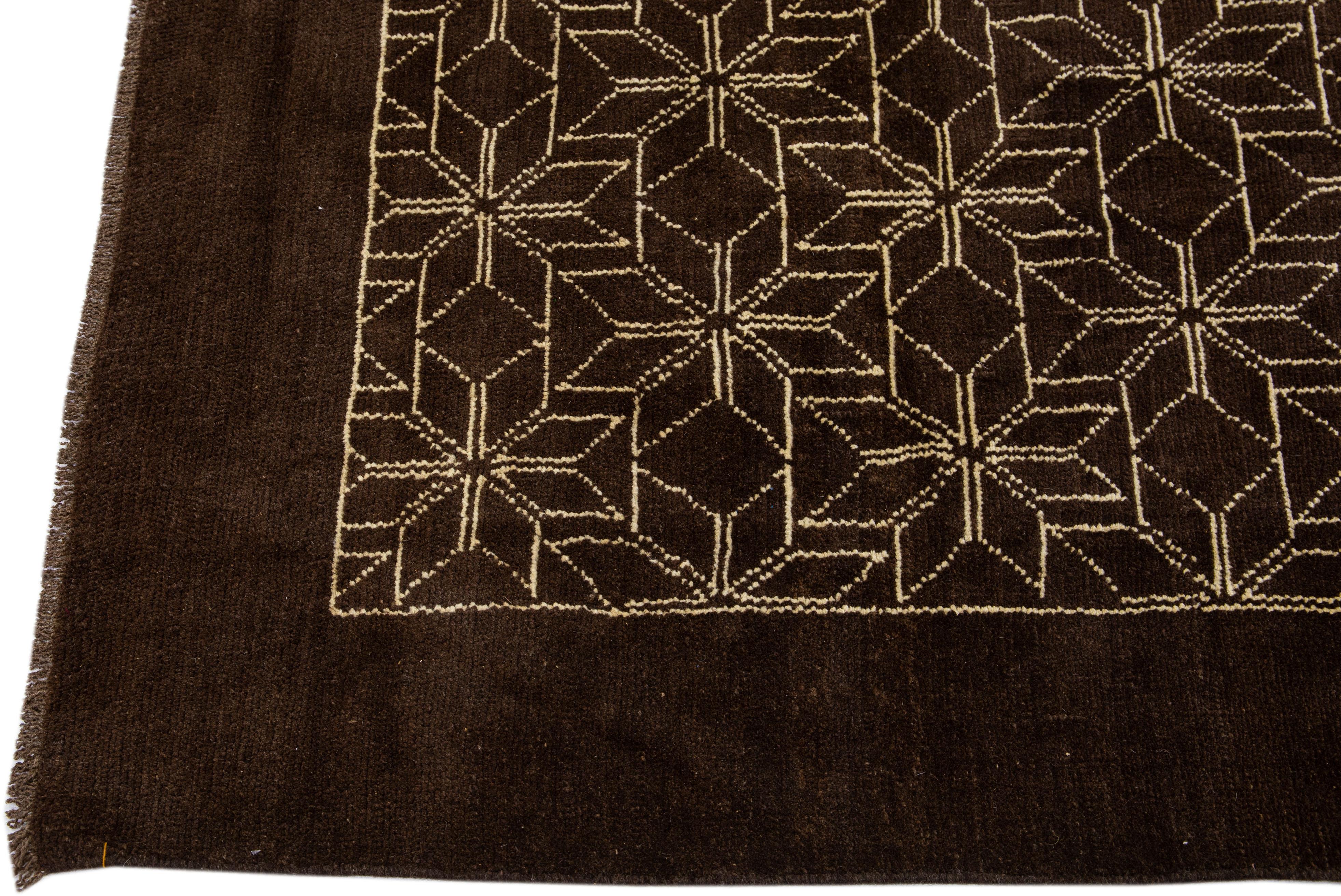 Hand-Knotted Modern Moroccan Style Handmade Geometric Dark Brown Wool Rug by Apadana For Sale