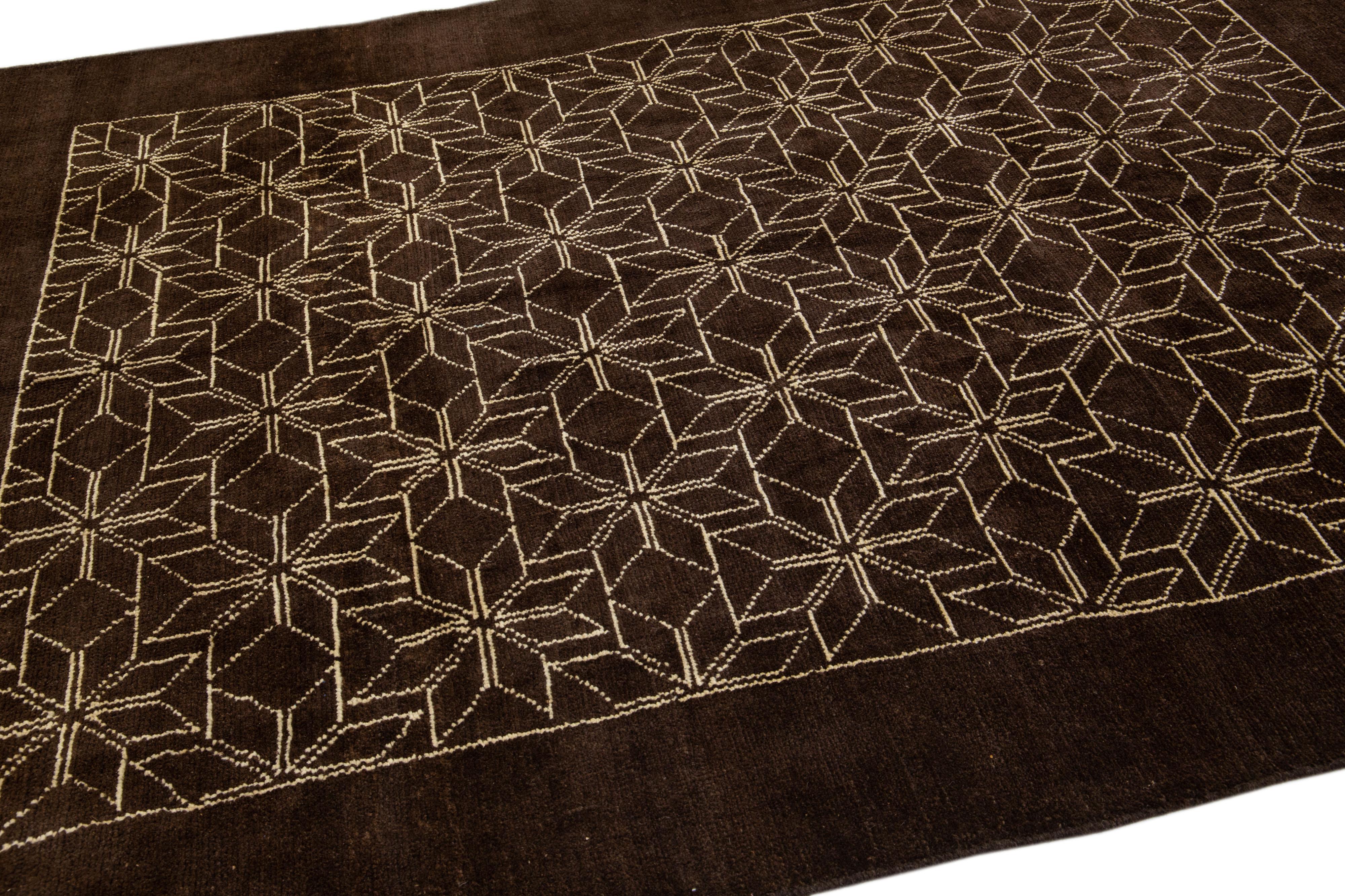 Modern Moroccan Style Handmade Geometric Dark Brown Wool Rug by Apadana In New Condition For Sale In Norwalk, CT