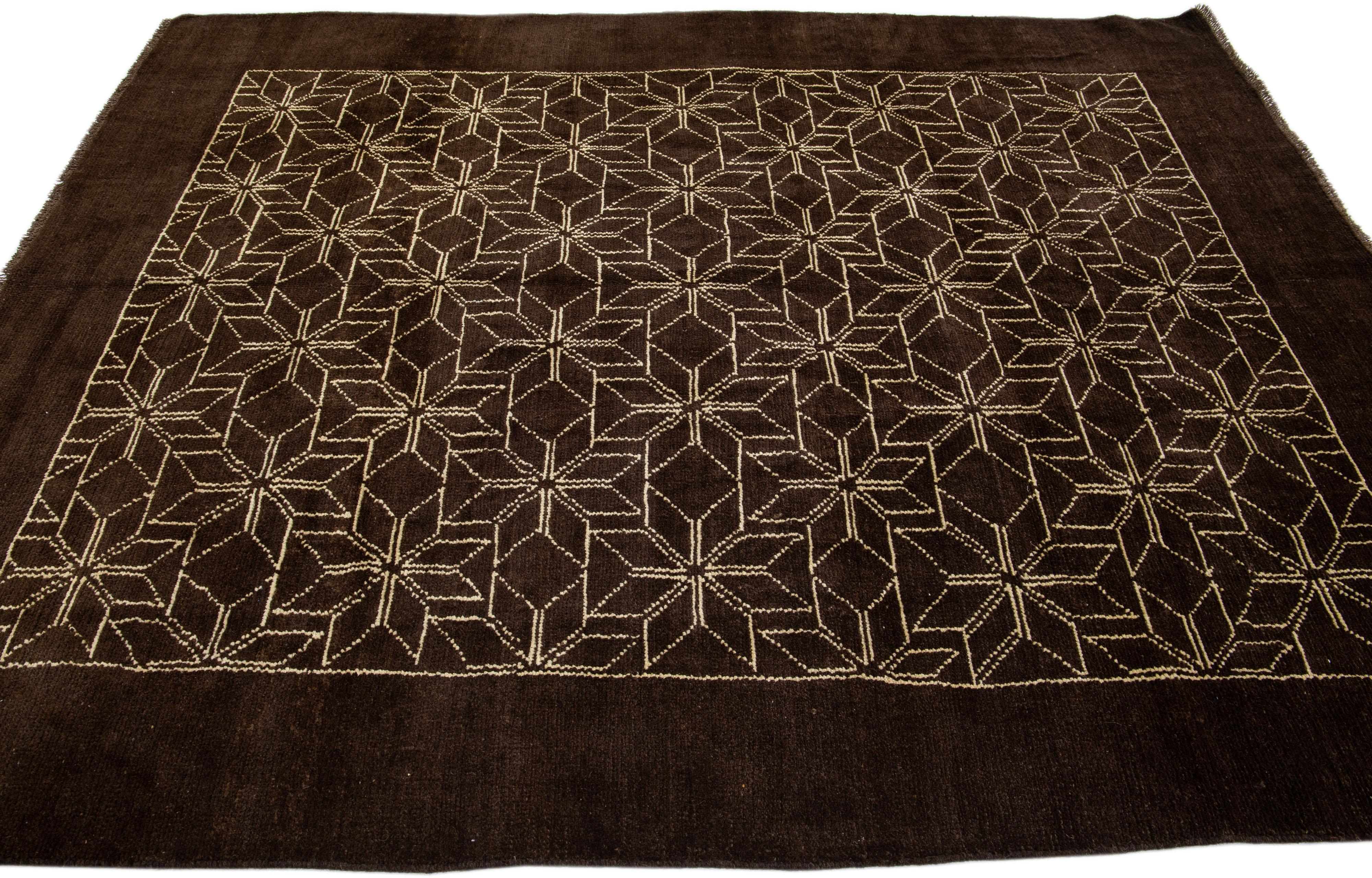 Contemporary Modern Moroccan Style Handmade Geometric Dark Brown Wool Rug by Apadana For Sale