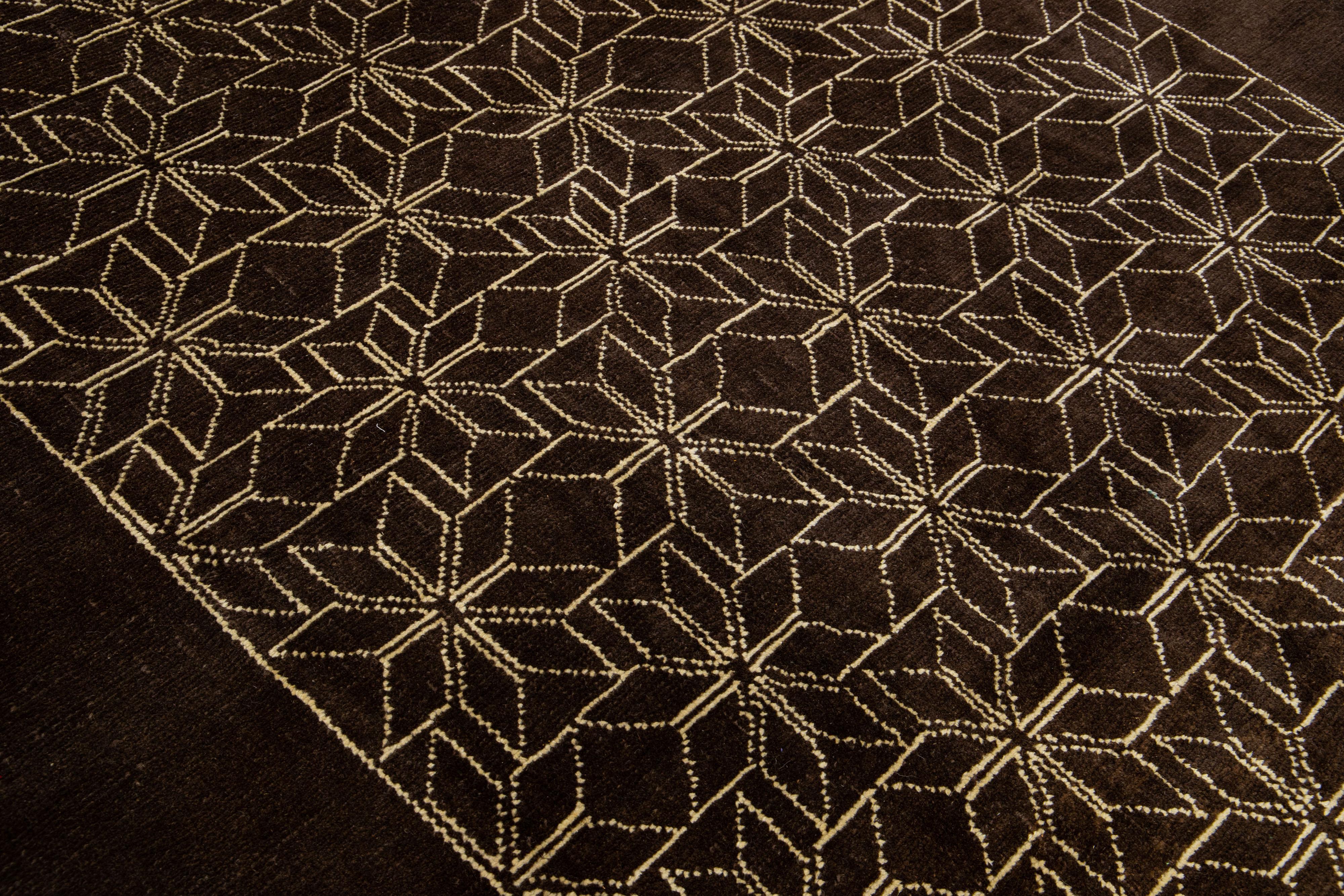 Modern Moroccan Style Handmade Geometric Dark Brown Wool Rug by Apadana For Sale 1