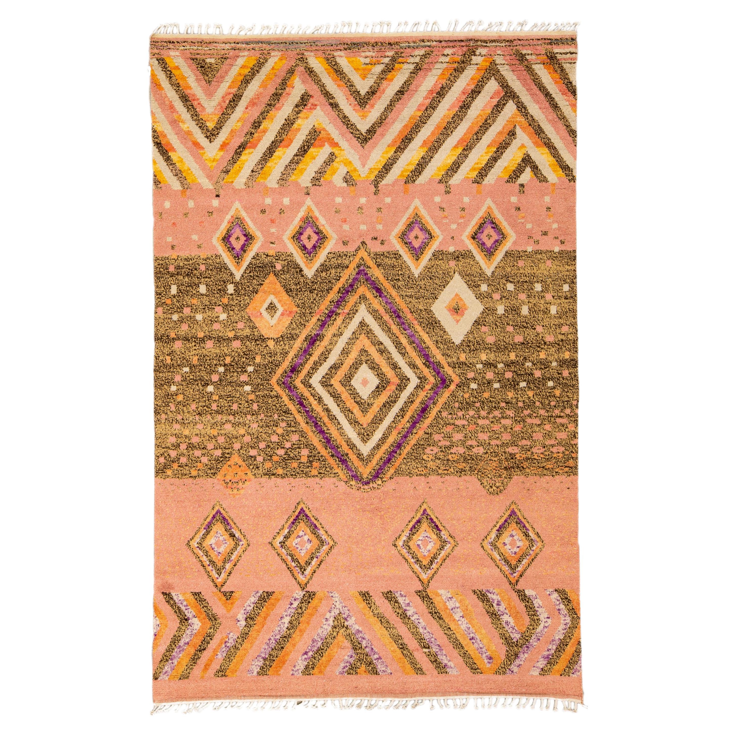 Modern Moroccan Style Handmade Geometric Designed Peach Boho Wool Rug