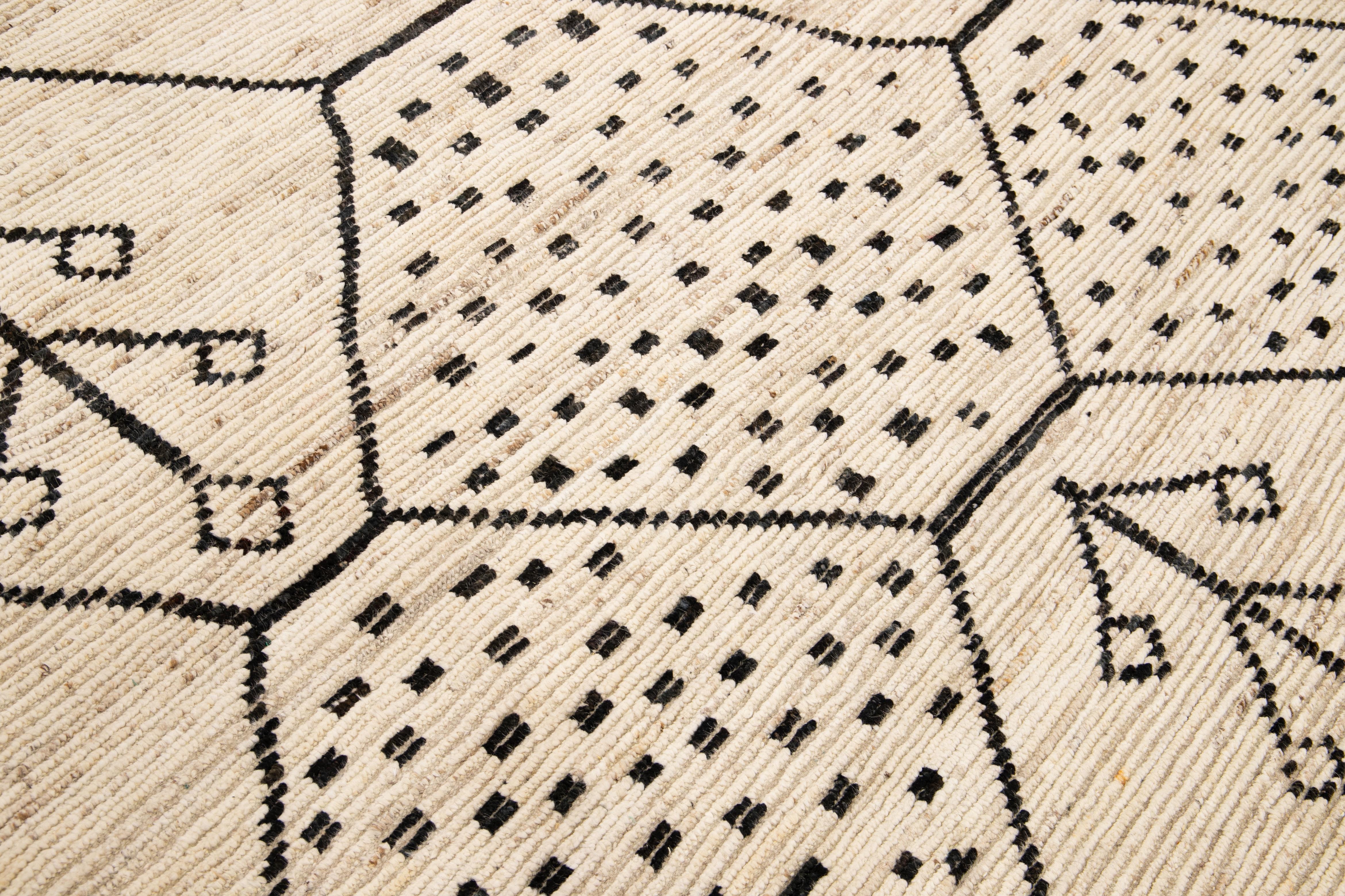 Contemporary Modern Moroccan Style Handmade Geometric Motif Beige Boho Wool Rug For Sale