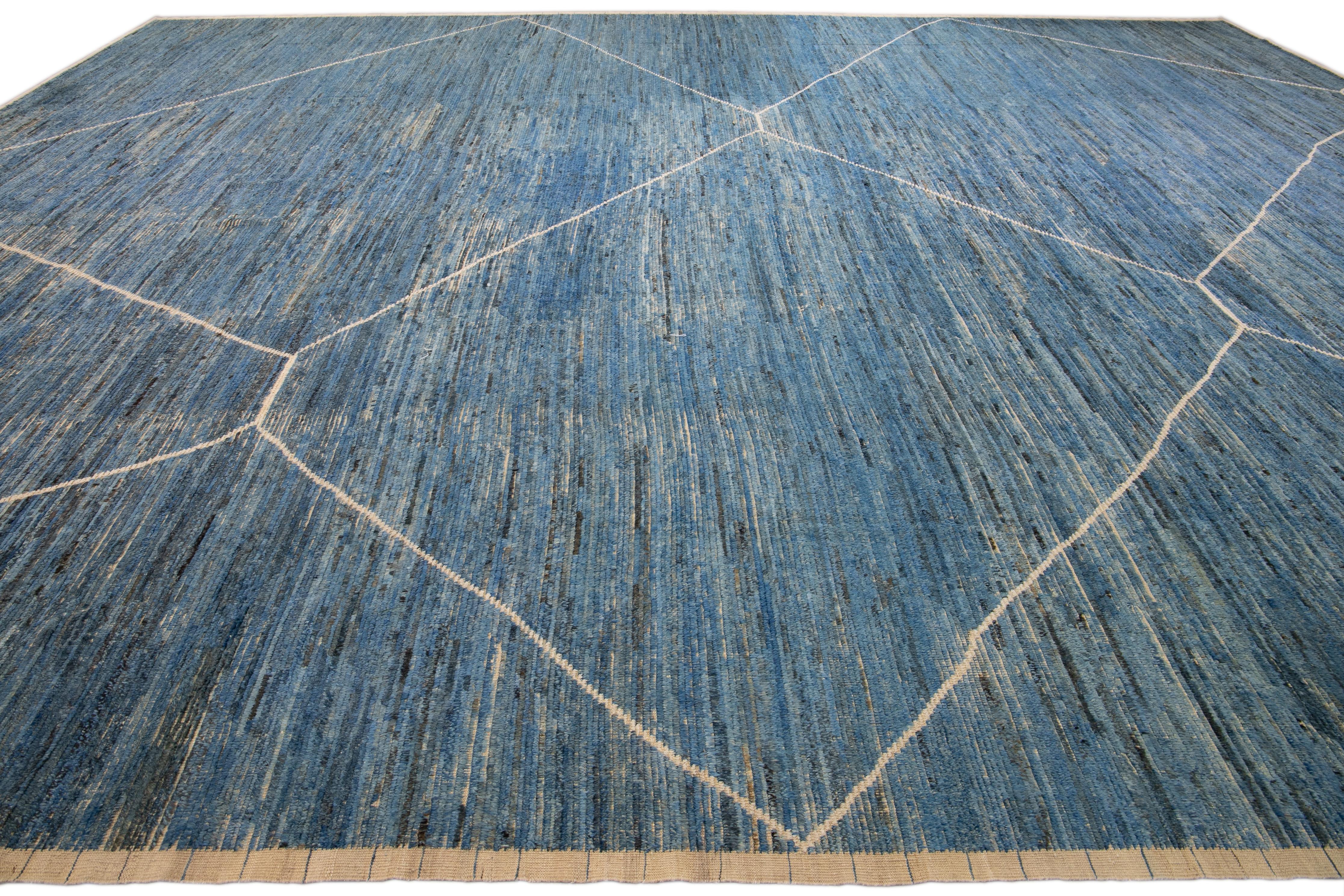 Hand-Knotted Modern Moroccan Style Handmade Geometric Motif Blue Wool Rug For Sale