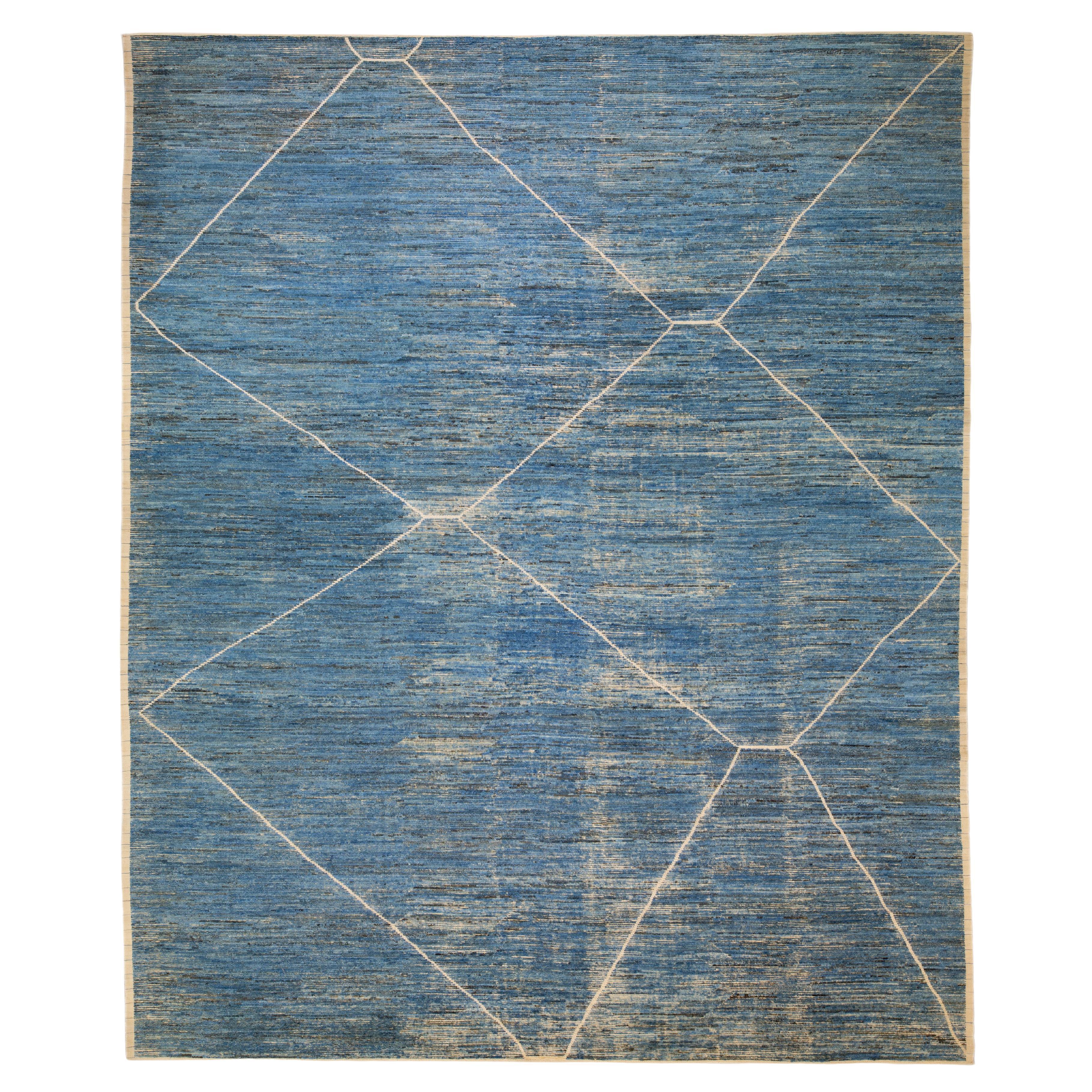 Modern Moroccan Style Handmade Geometric Motif Blue Wool Rug