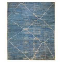 Modern Moroccan Style Handmade Geometric Motif Blue Wool Rug