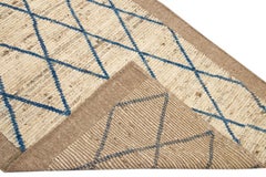 Modern Moroccan Style Handmade Geometric Pattern Beige and Blue Wool Wide Runner