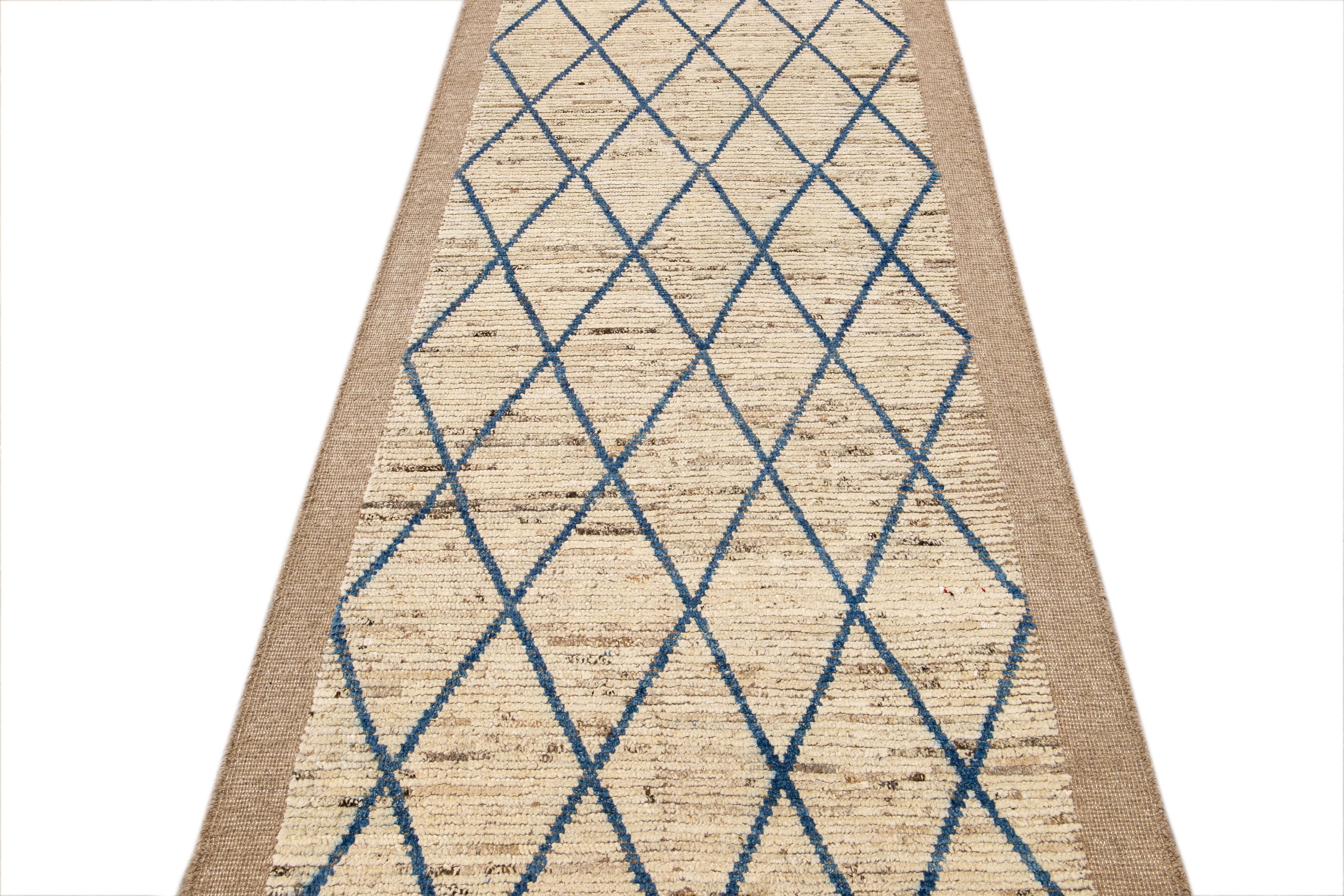 Bohemian Modern Moroccan Style Handmade Geometric Pattern Beige and Blue Wool Wide Runner For Sale