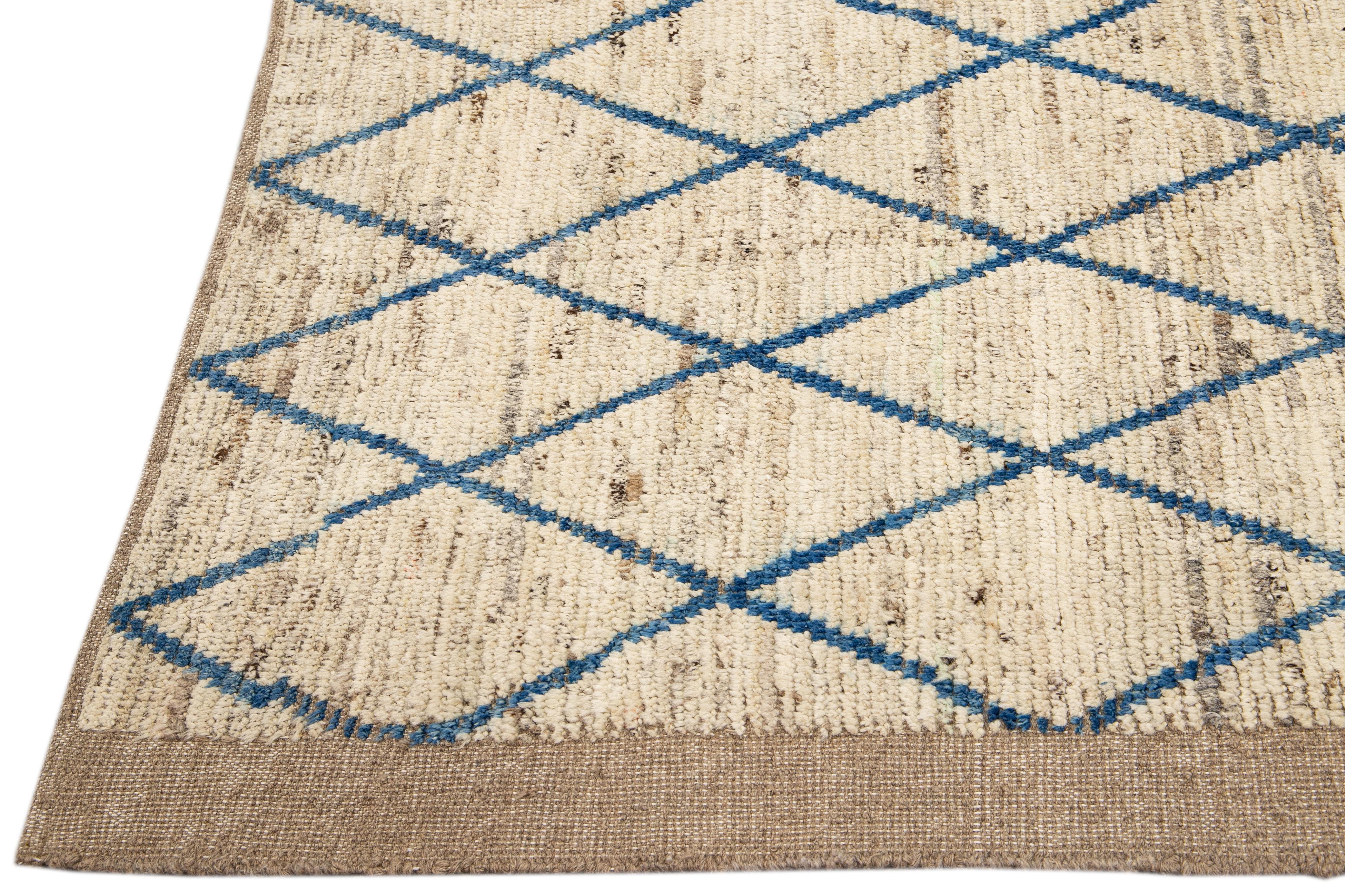Afghan Modern Moroccan Style Handmade Geometric Pattern Beige and Blue Wool Wide Runner For Sale