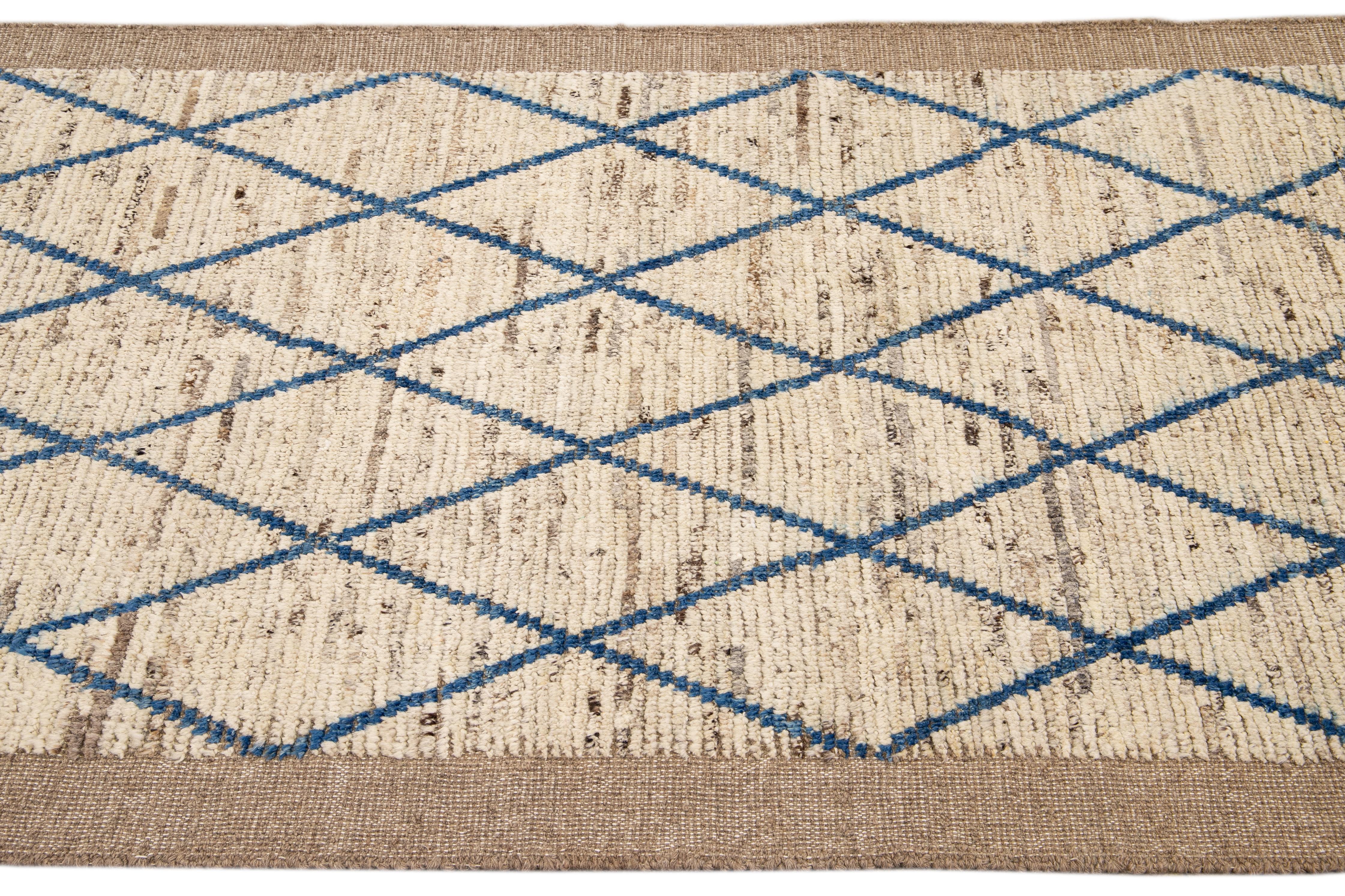 Hand-Knotted Modern Moroccan Style Handmade Geometric Pattern Beige and Blue Wool Wide Runner For Sale