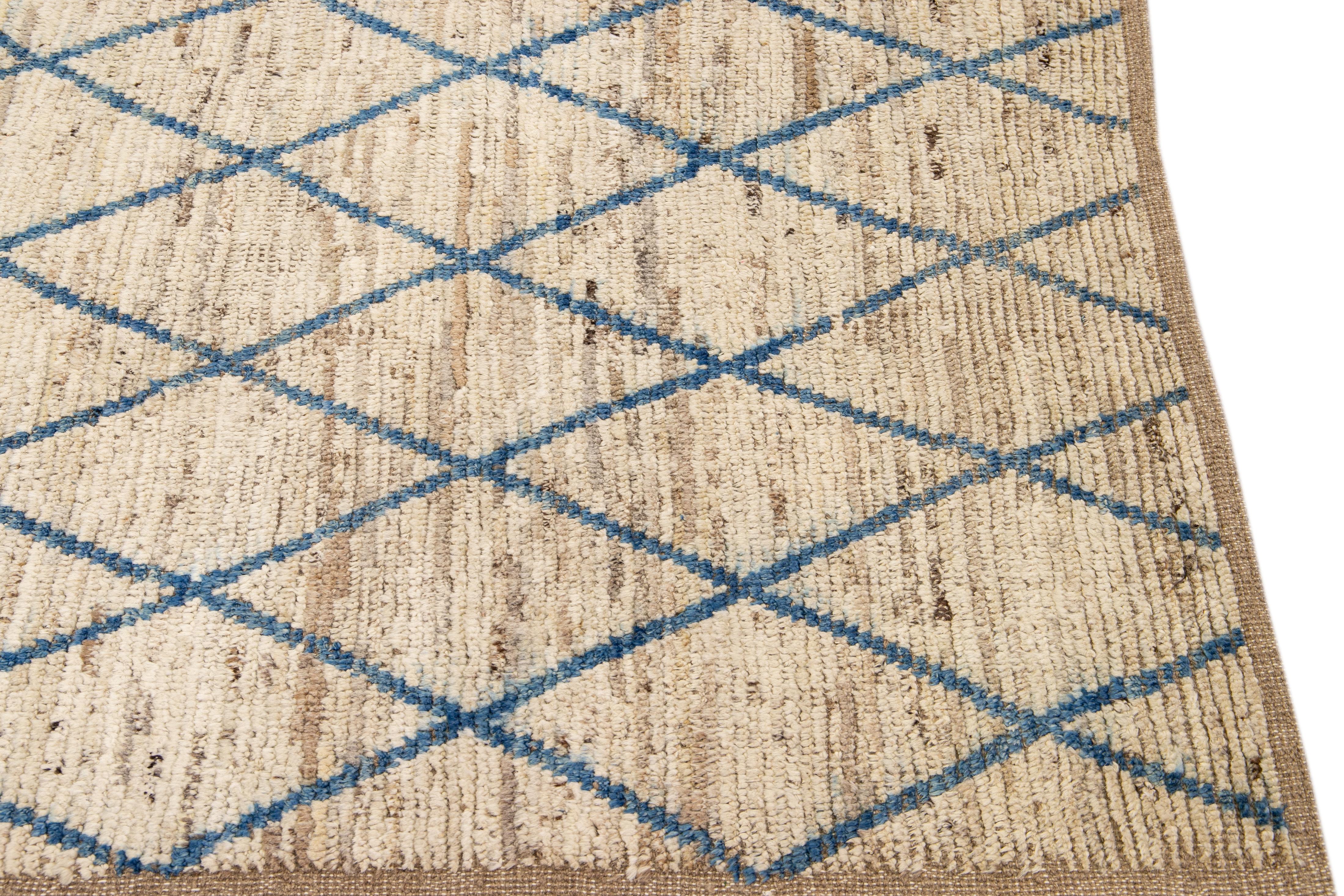 Modern Moroccan Style Handmade Geometric Pattern Beige and Blue Wool Wide Runner In New Condition For Sale In Norwalk, CT