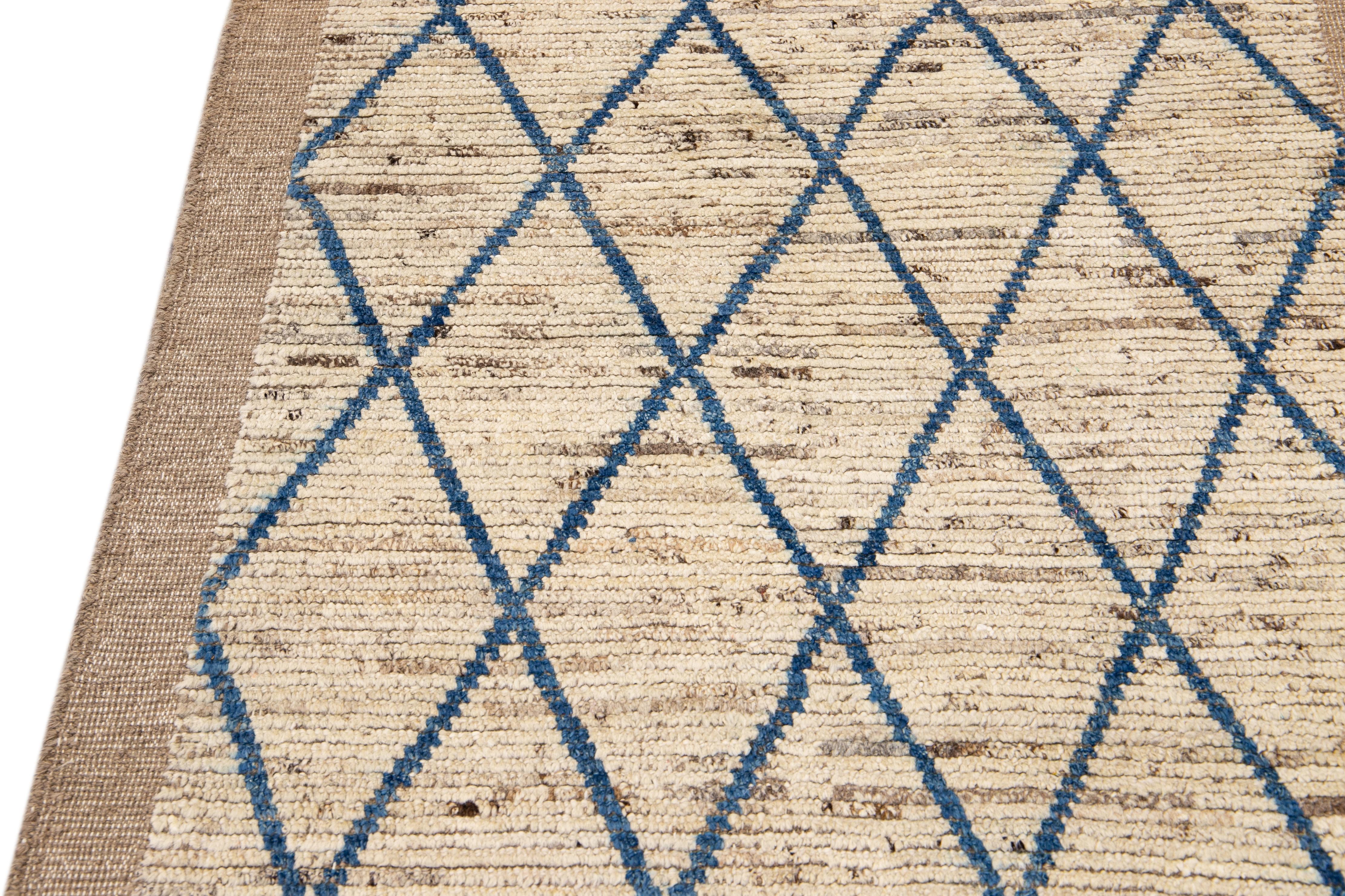 Contemporary Modern Moroccan Style Handmade Geometric Pattern Beige and Blue Wool Wide Runner For Sale