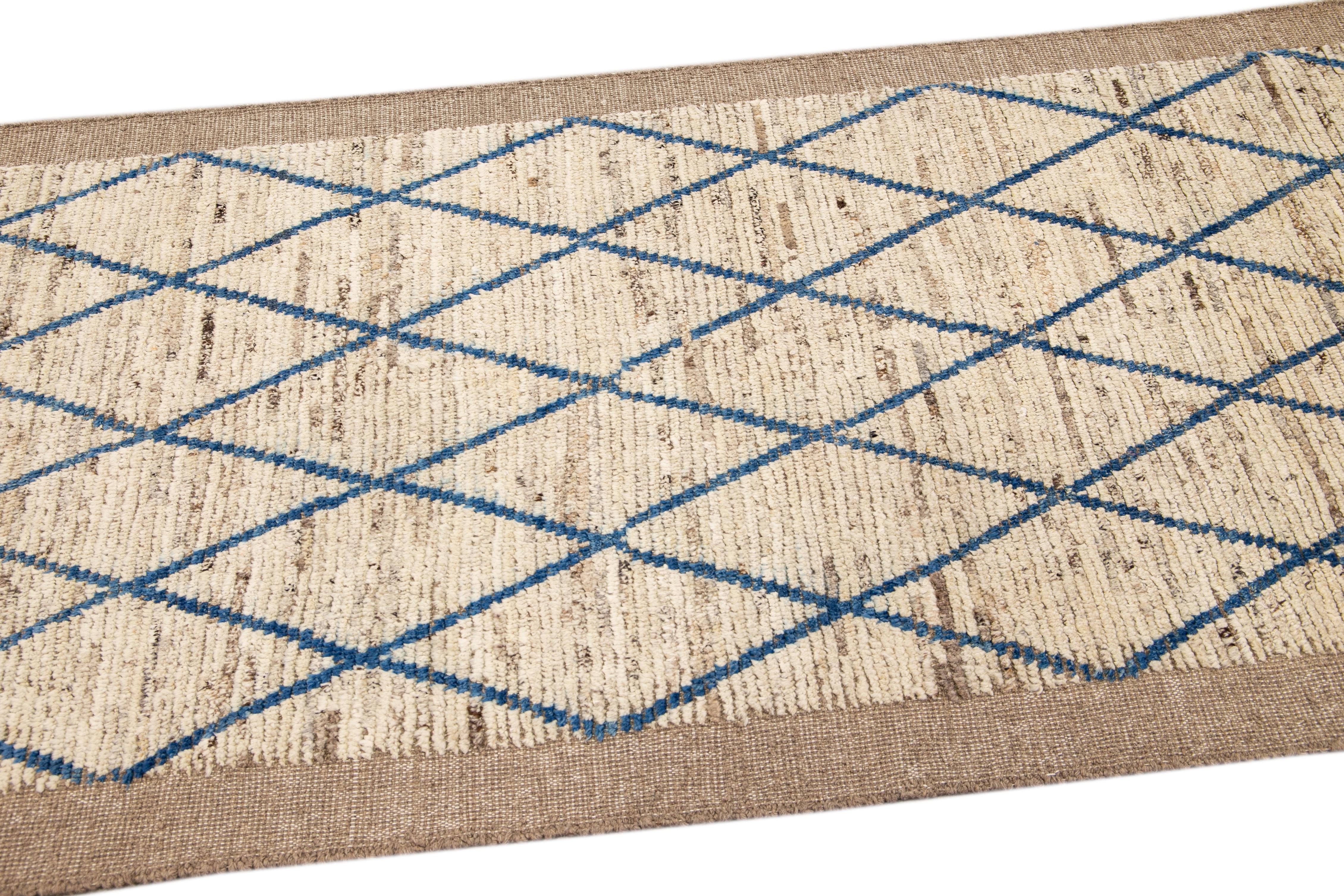 Modern Moroccan Style Handmade Geometric Pattern Beige and Blue Wool Wide Runner For Sale 1