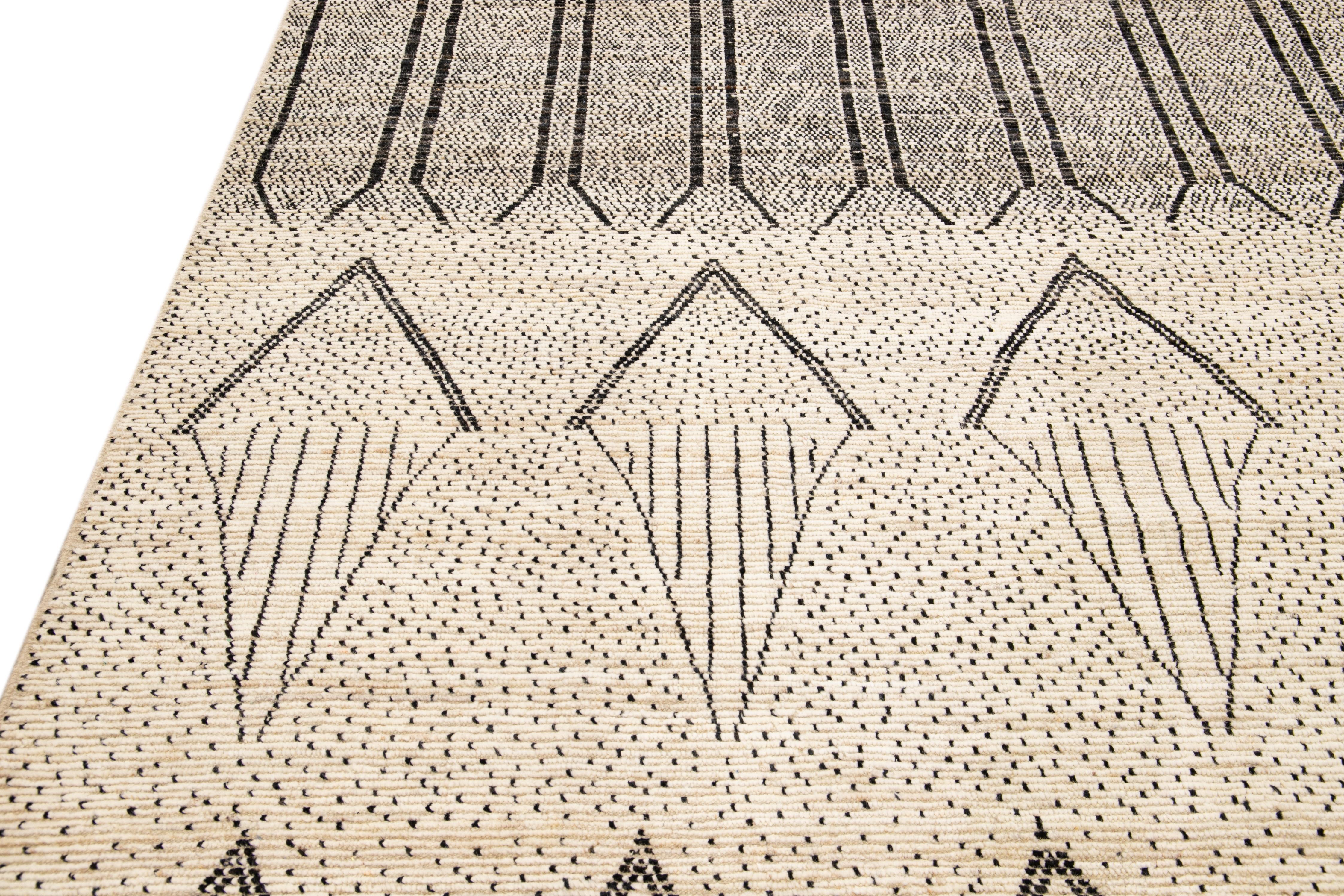 Modern Moroccan Style Handmade Geometric Pattern Beige And Gray Boho Wool Rug For Sale 1