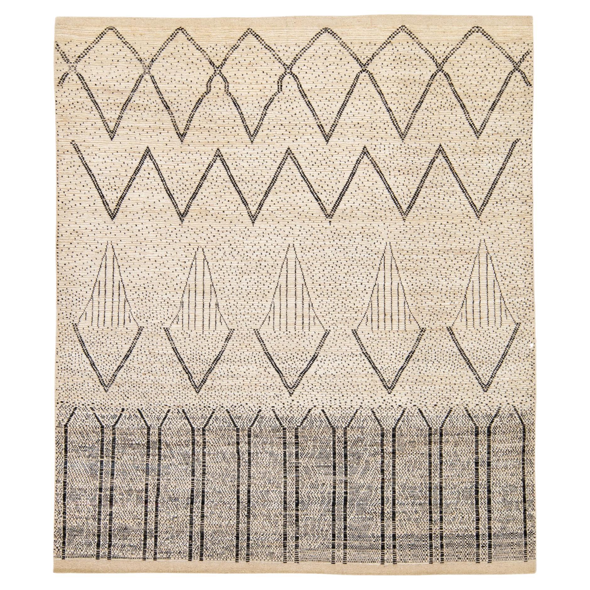 Modern Moroccan Style Handmade Geometric Pattern Beige And Gray Boho Wool Rug For Sale