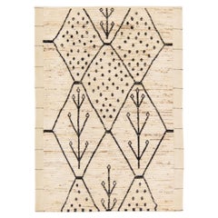 Moderner moderner handgefertigter Boho-Wollteppich im marokkanischen Stil mit geometrischem Muster in Beige
