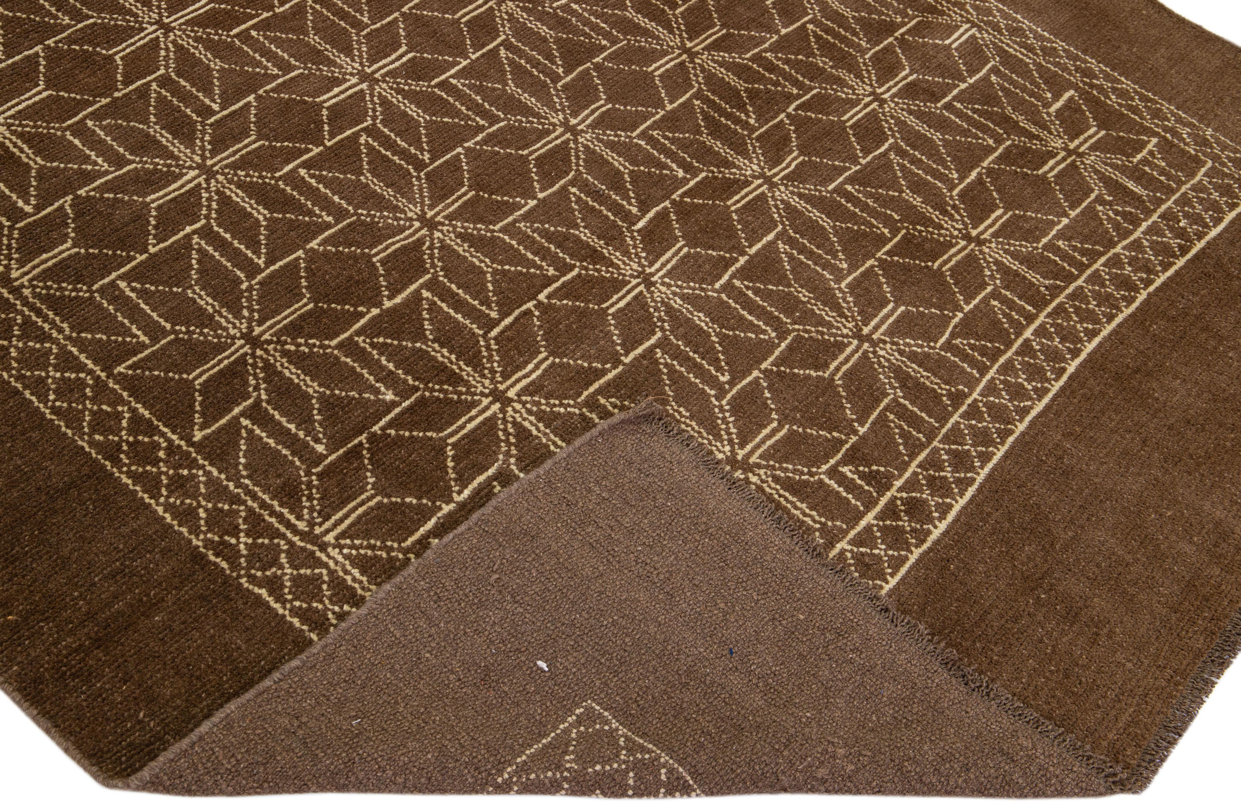 Afghan Modern Moroccan Style Handmade Geometric Pattern Brown Wool Rug by Apadana For Sale