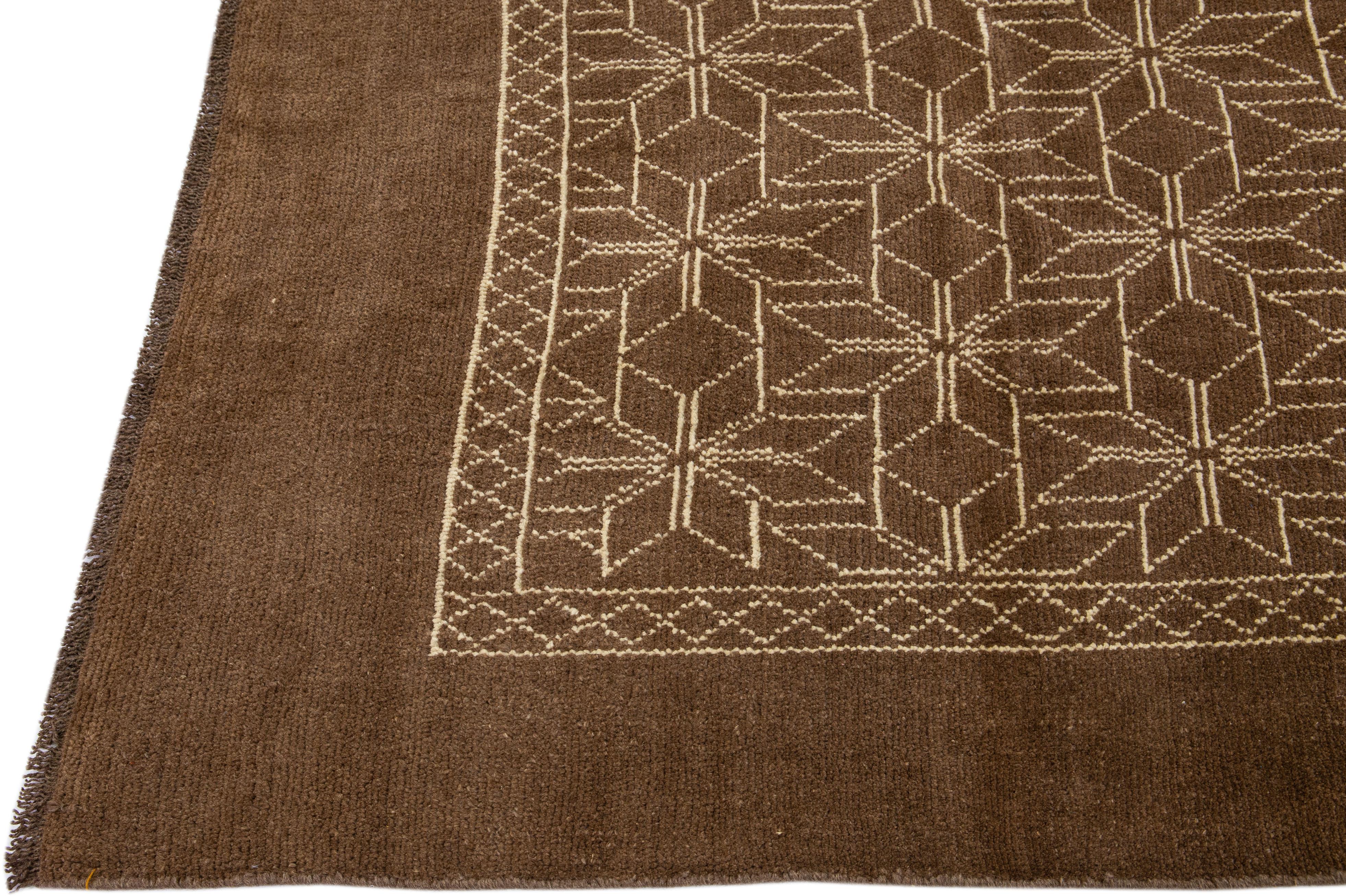 Hand-Knotted Modern Moroccan Style Handmade Geometric Pattern Brown Wool Rug by Apadana For Sale