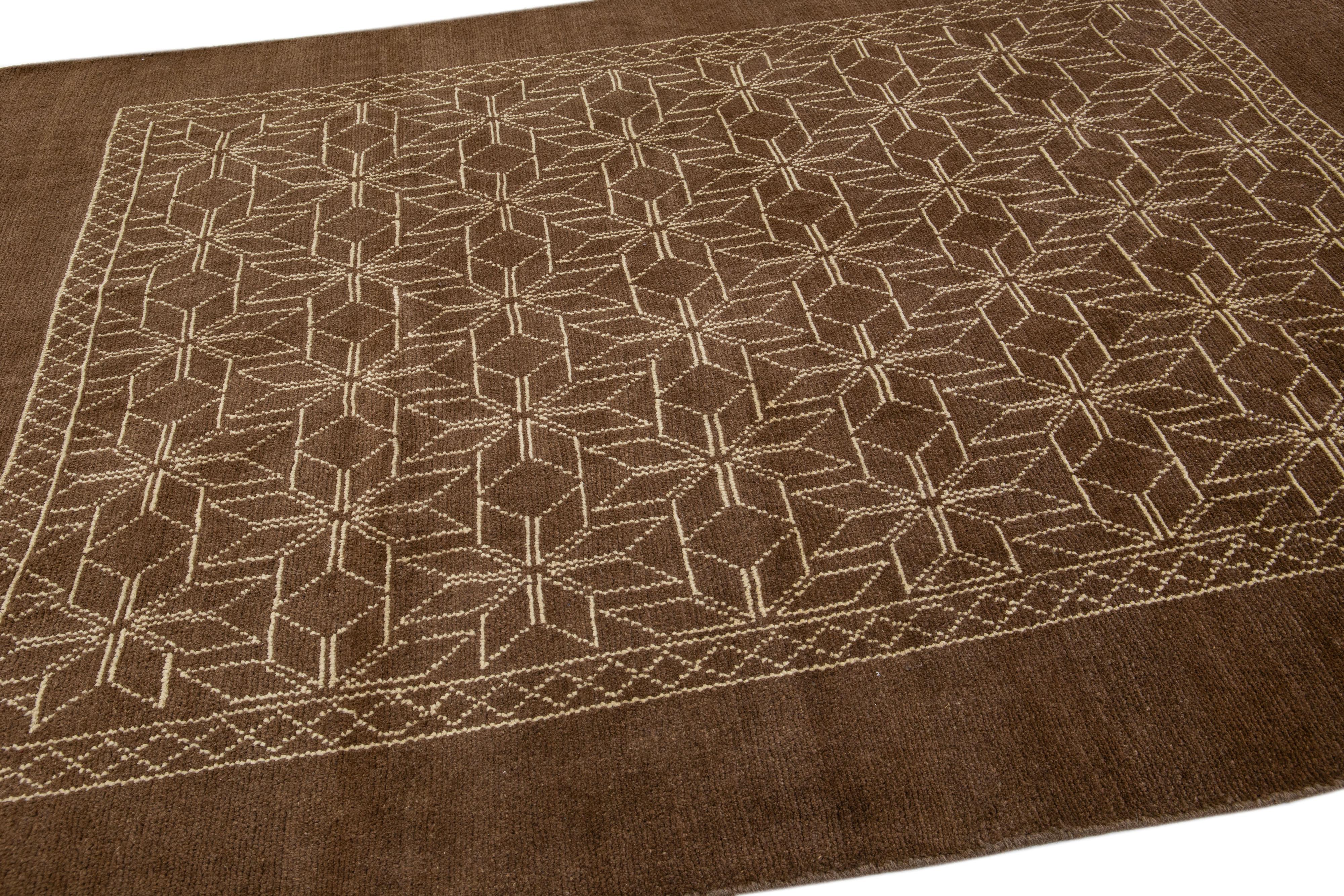 Modern Moroccan Style Handmade Geometric Pattern Brown Wool Rug by Apadana In New Condition For Sale In Norwalk, CT