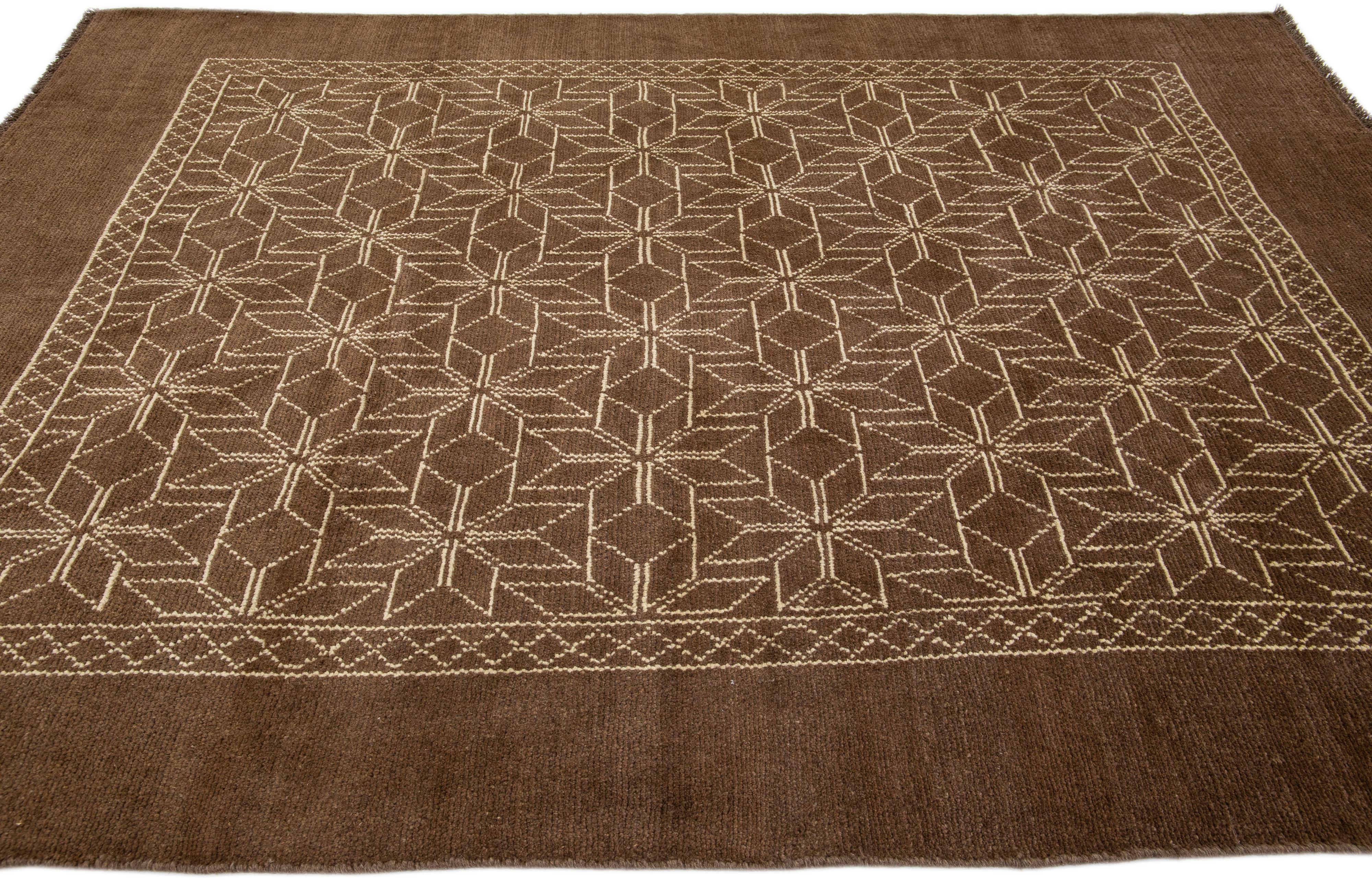 Contemporary Modern Moroccan Style Handmade Geometric Pattern Brown Wool Rug by Apadana For Sale