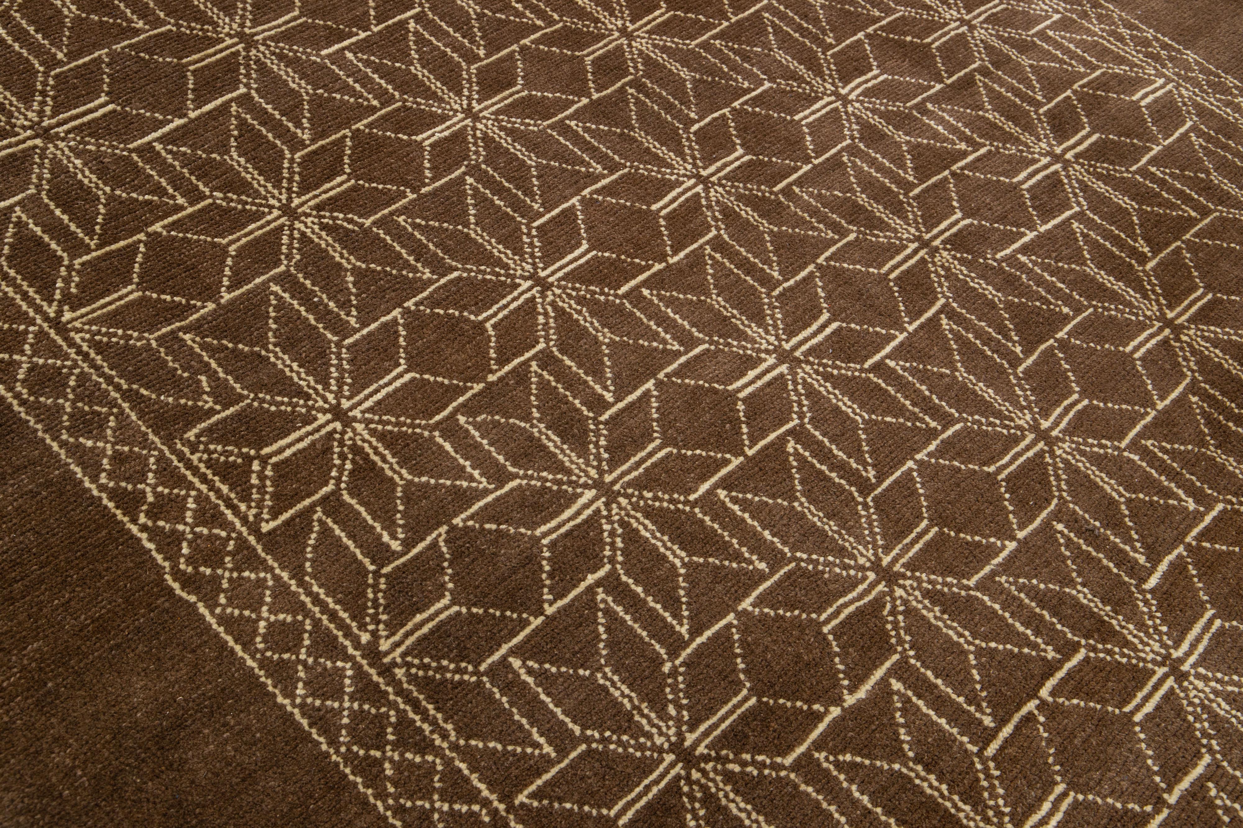 Modern Moroccan Style Handmade Geometric Pattern Brown Wool Rug by Apadana For Sale 1