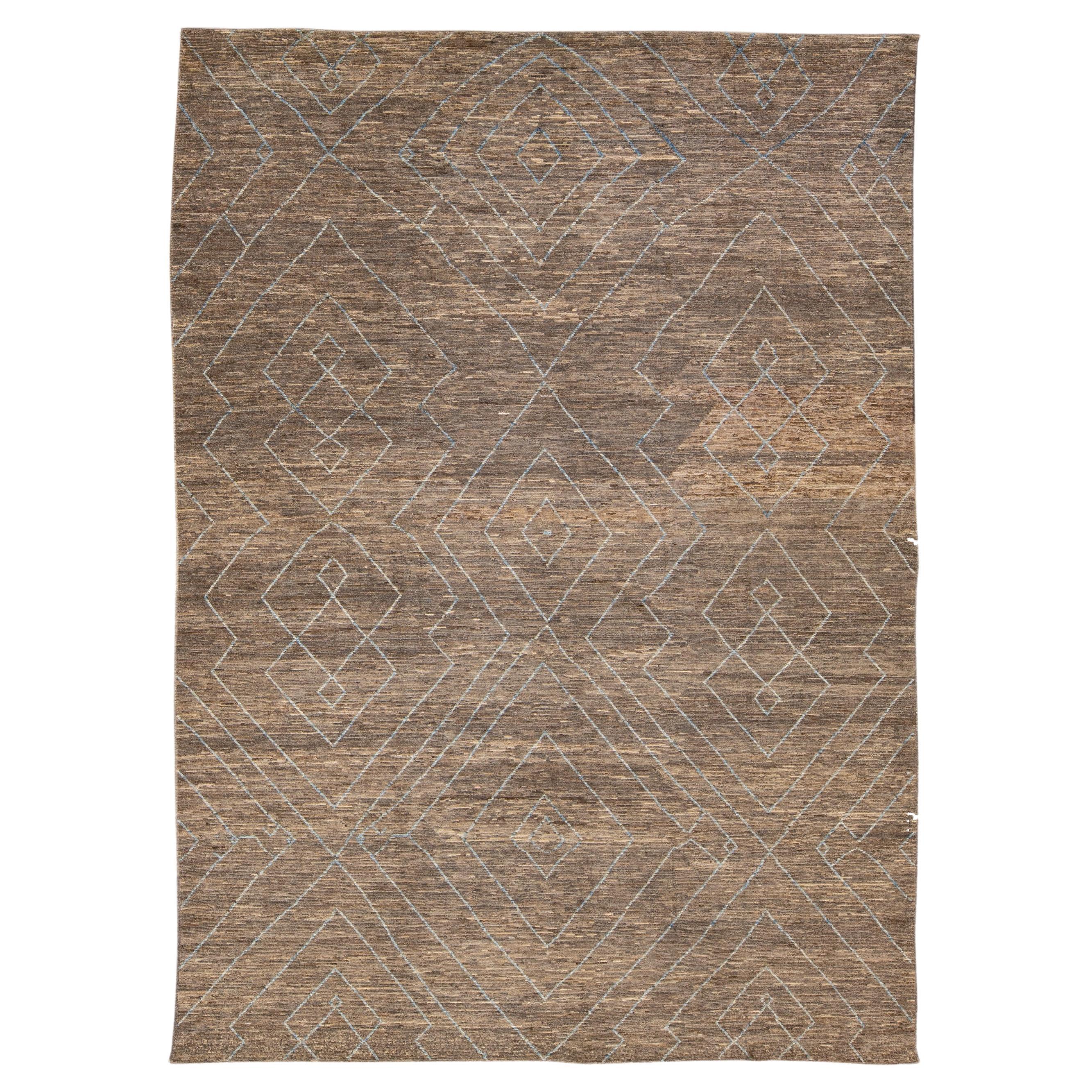 Modern Moroccan Style Handmade Geometric Pattern Brown Wool Rug For Sale