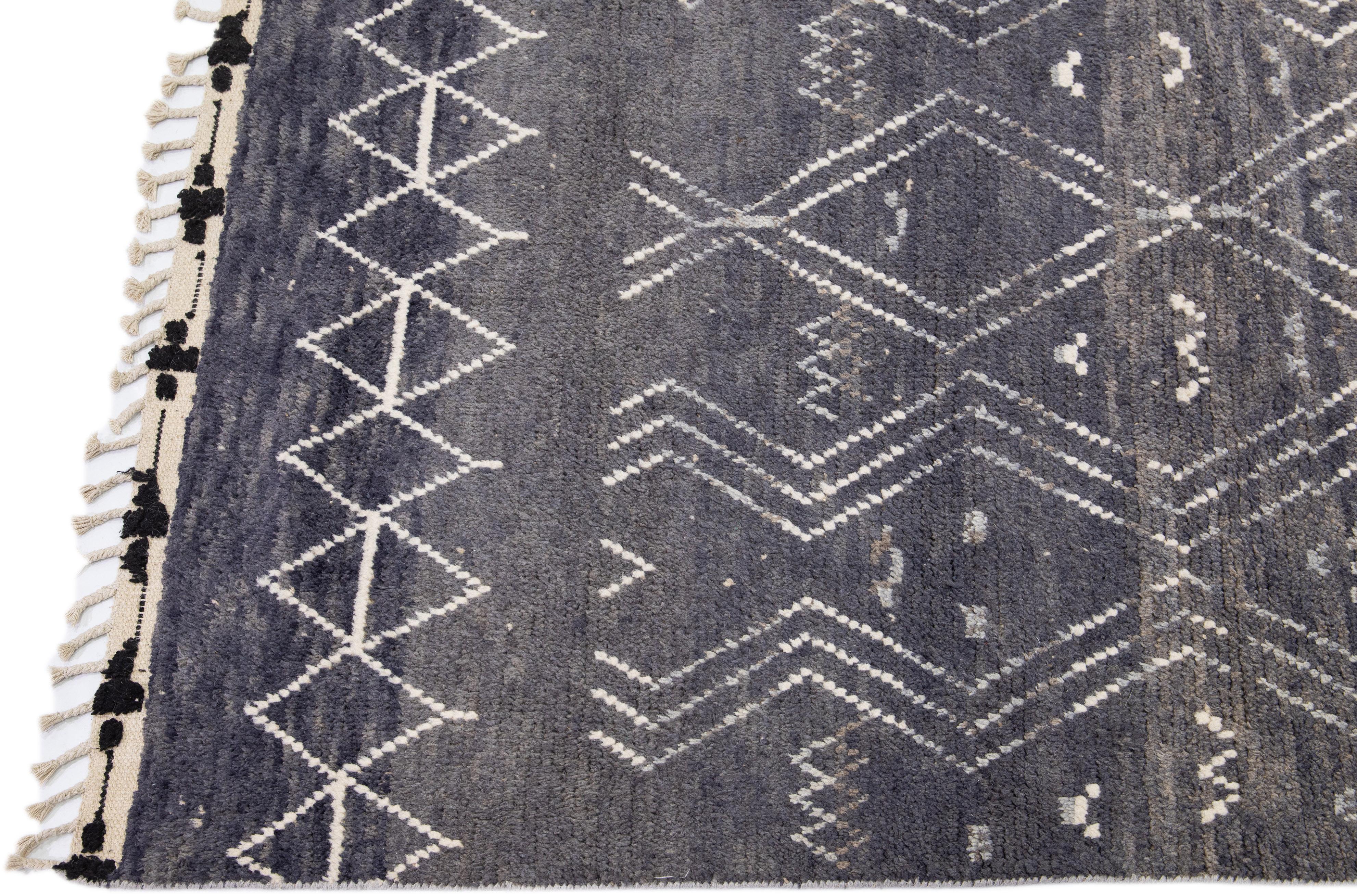 Hand-Knotted Modern Moroccan Style Handmade Gray Wool Rug with Tribal Motif For Sale