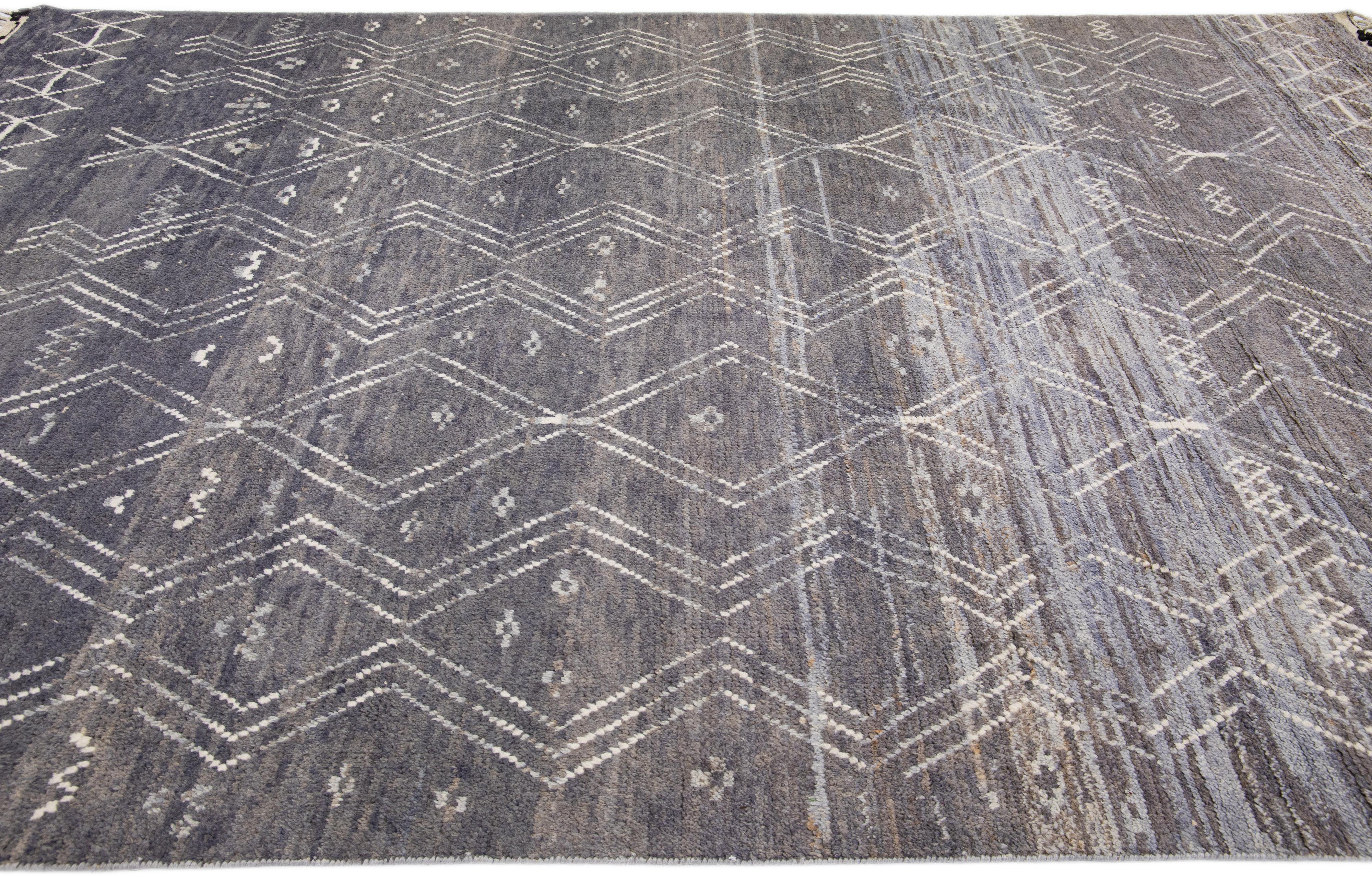 Modern Moroccan Style Handmade Gray Wool Rug with Tribal Motif In New Condition For Sale In Norwalk, CT