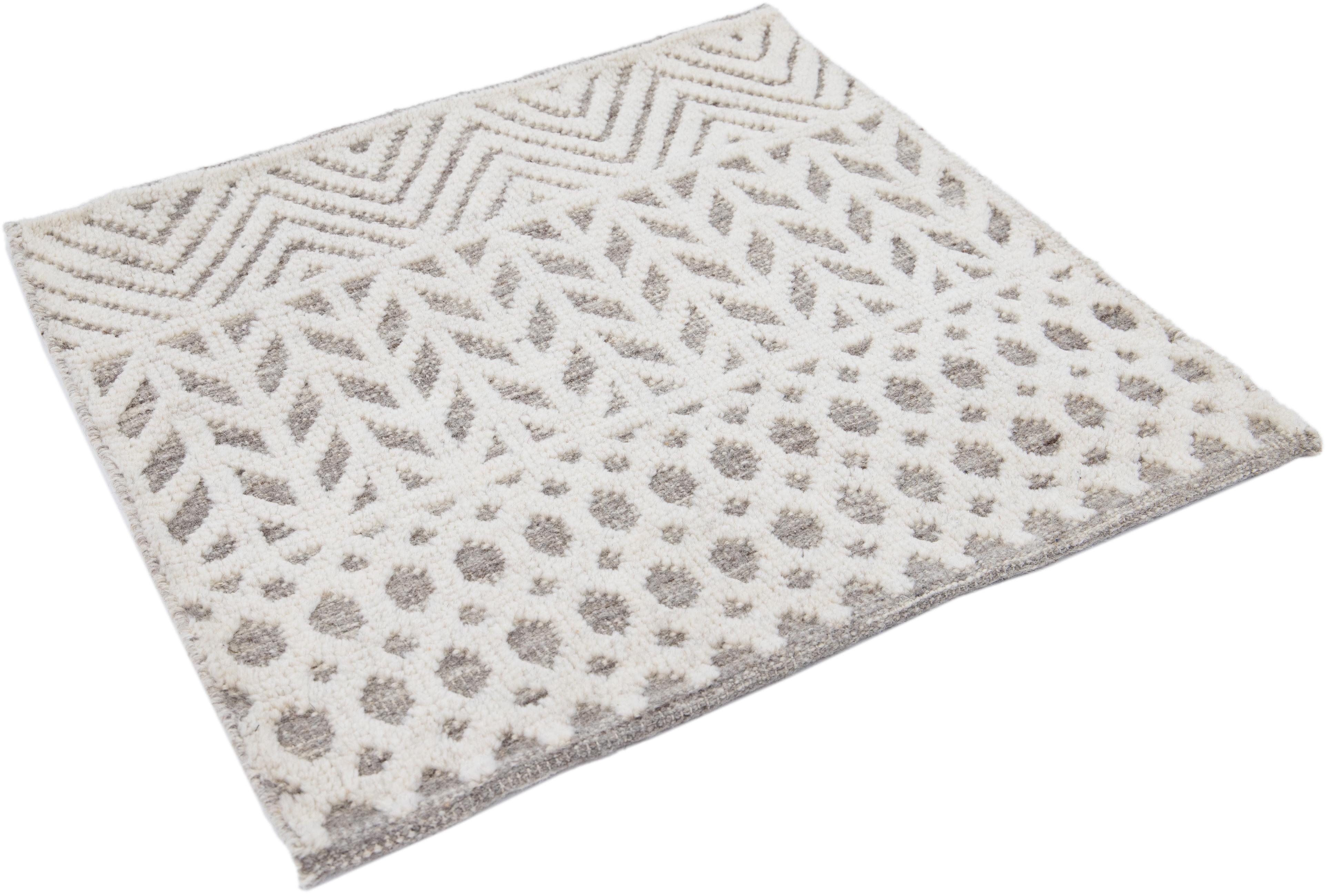 Hand-Knotted Modern Moroccan Style Handmade Ivory Geometric Custom Wool Rug For Sale