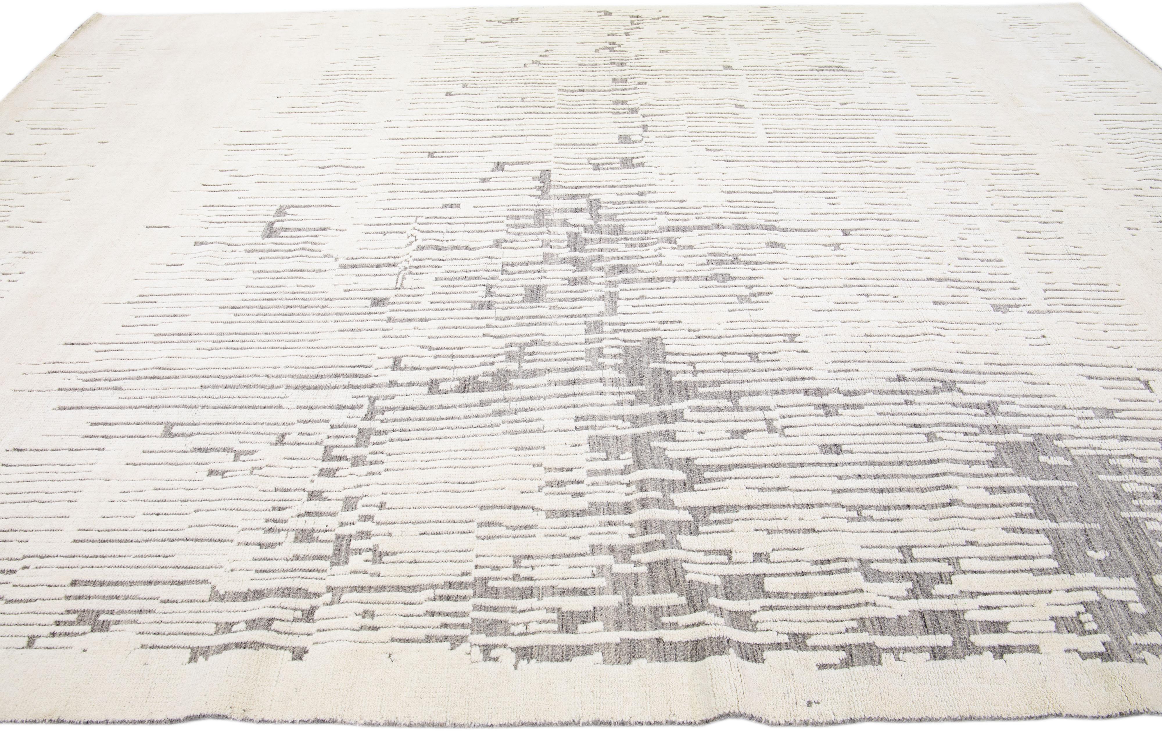 Hand-Knotted Modern Moroccan Style Handmade Ivory Wool Rug with Abstract Design by Apadana For Sale