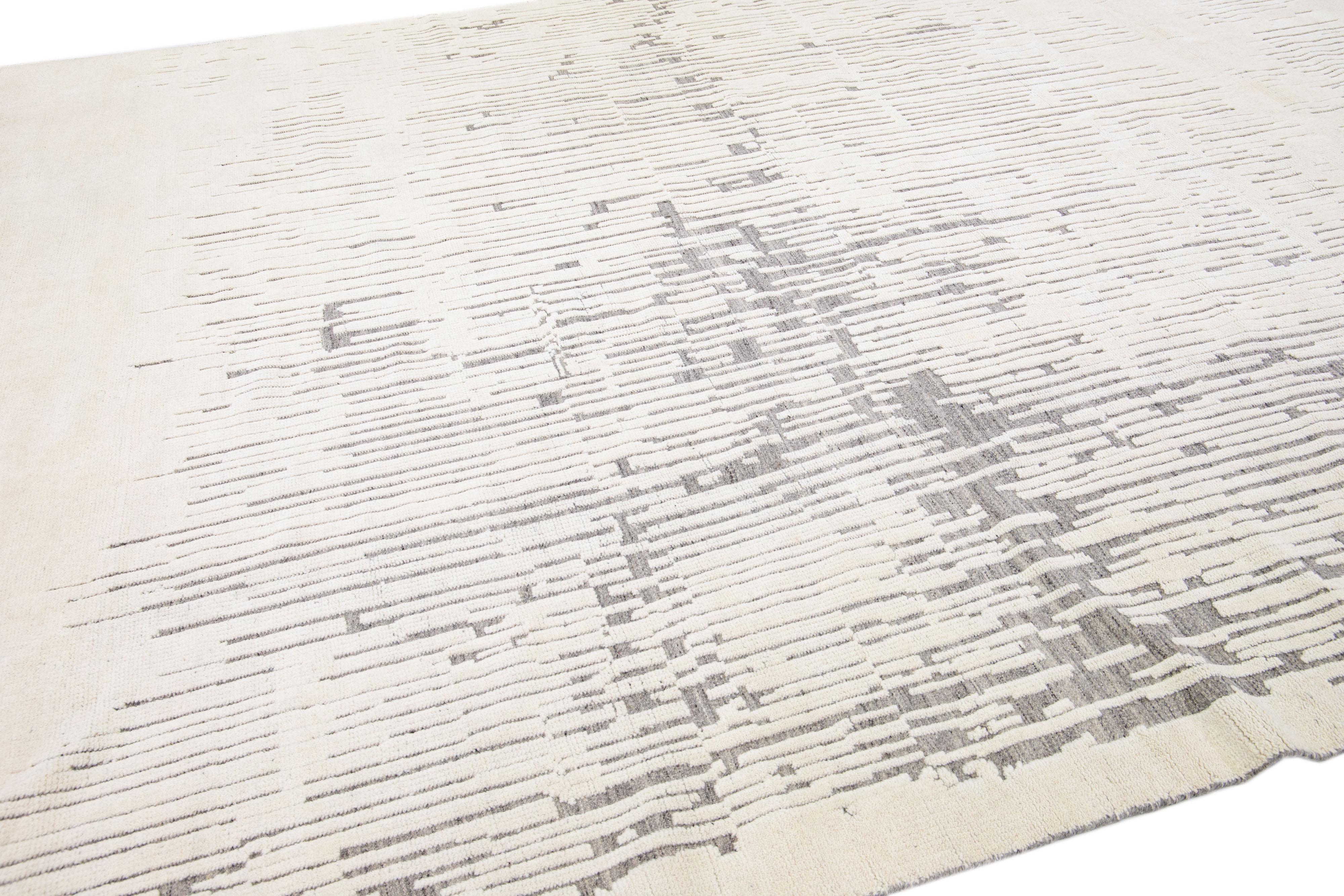 Modern Moroccan Style Handmade Ivory Wool Rug with Abstract Design by Apadana In New Condition For Sale In Norwalk, CT