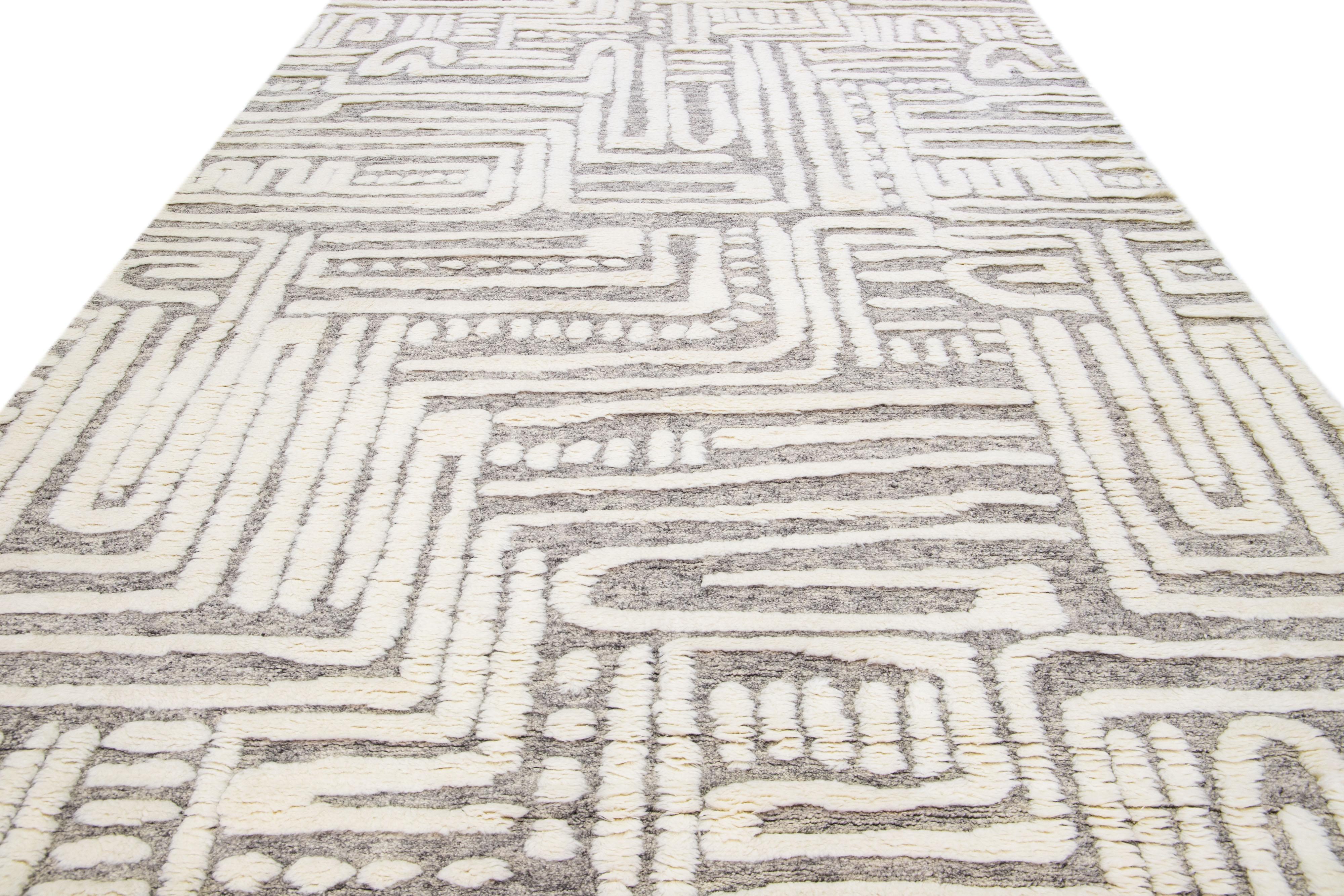 Indian Modern Moroccan Style Handmade Ivory Wool Rug with Abstract Motif by Apadana For Sale