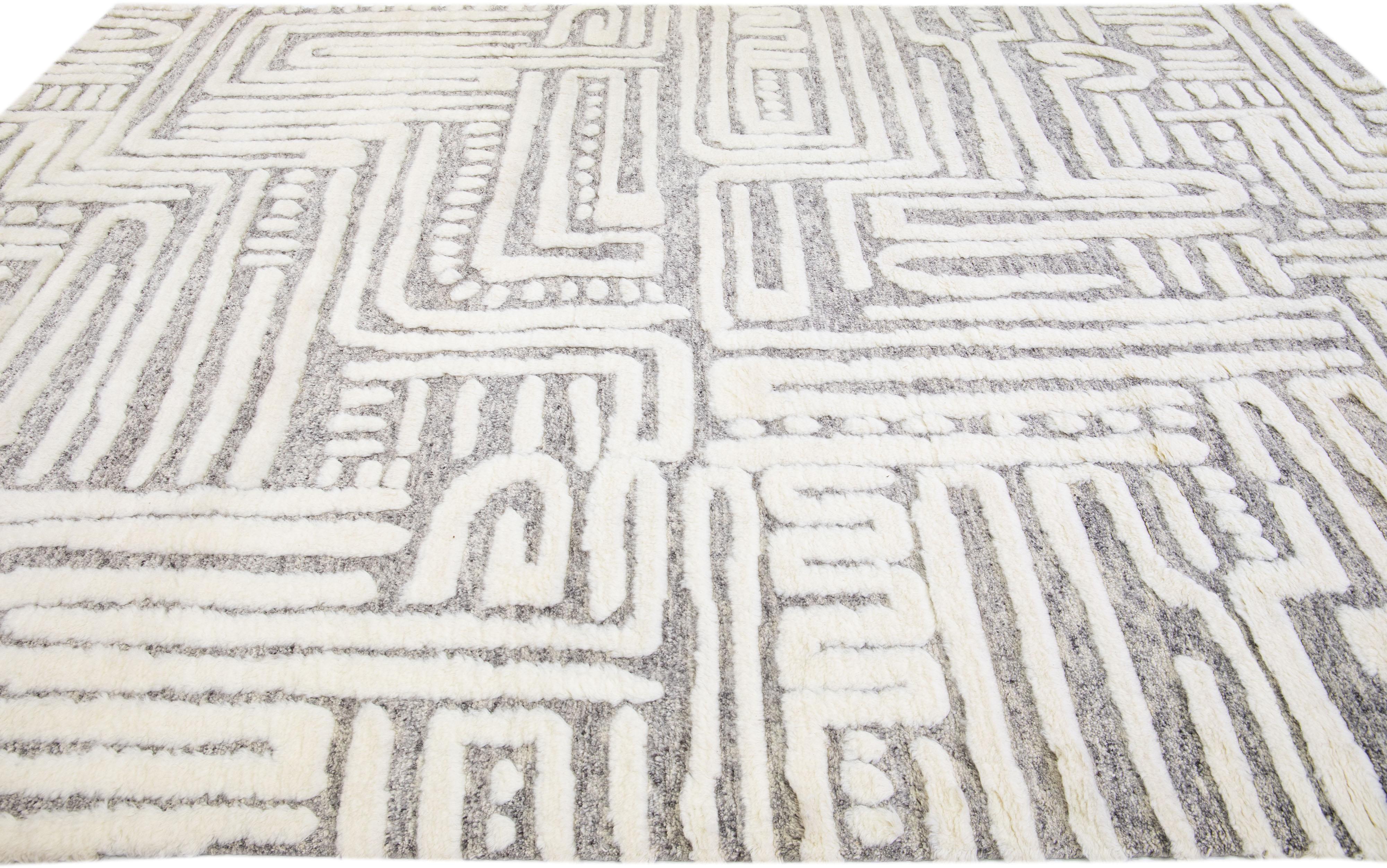 Modern Moroccan Style Handmade Ivory Wool Rug with Abstract Motif by Apadana In New Condition For Sale In Norwalk, CT
