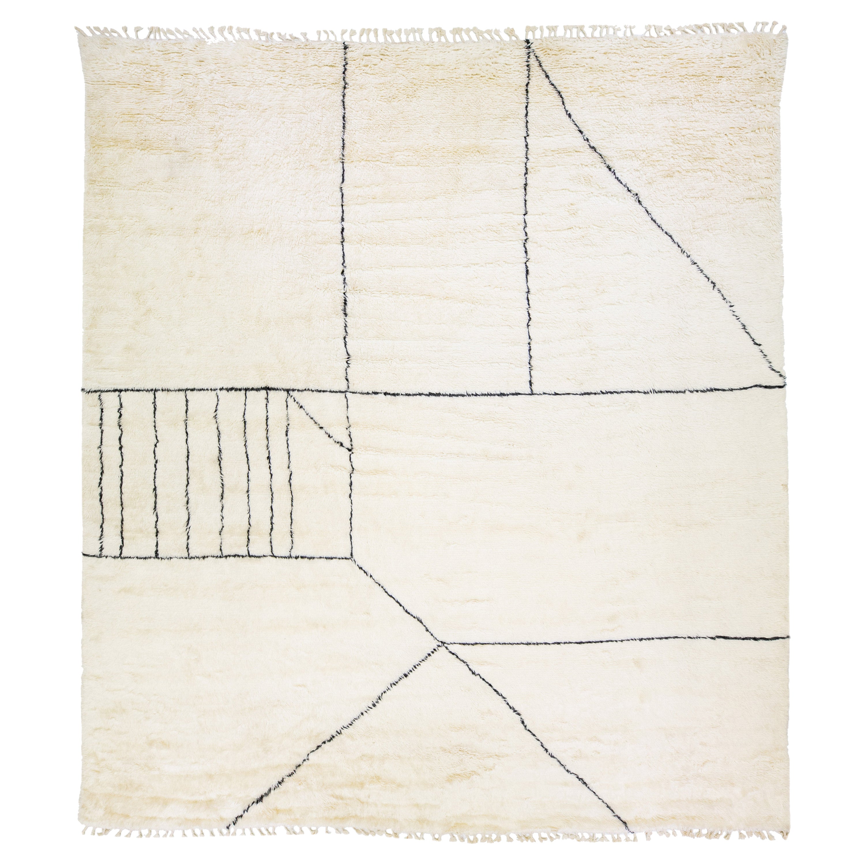 Modern Moroccan Style Handmade Ivory Wool Rug with Geometric Design by Apadana