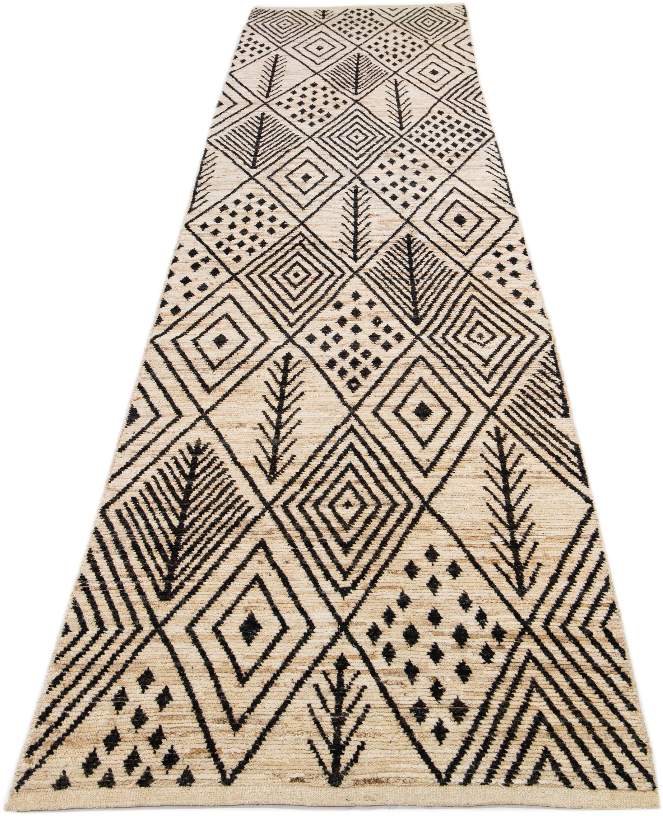 Pakistani Modern Moroccan Style Handmade Ivory Wool Runner with Tribal Design For Sale