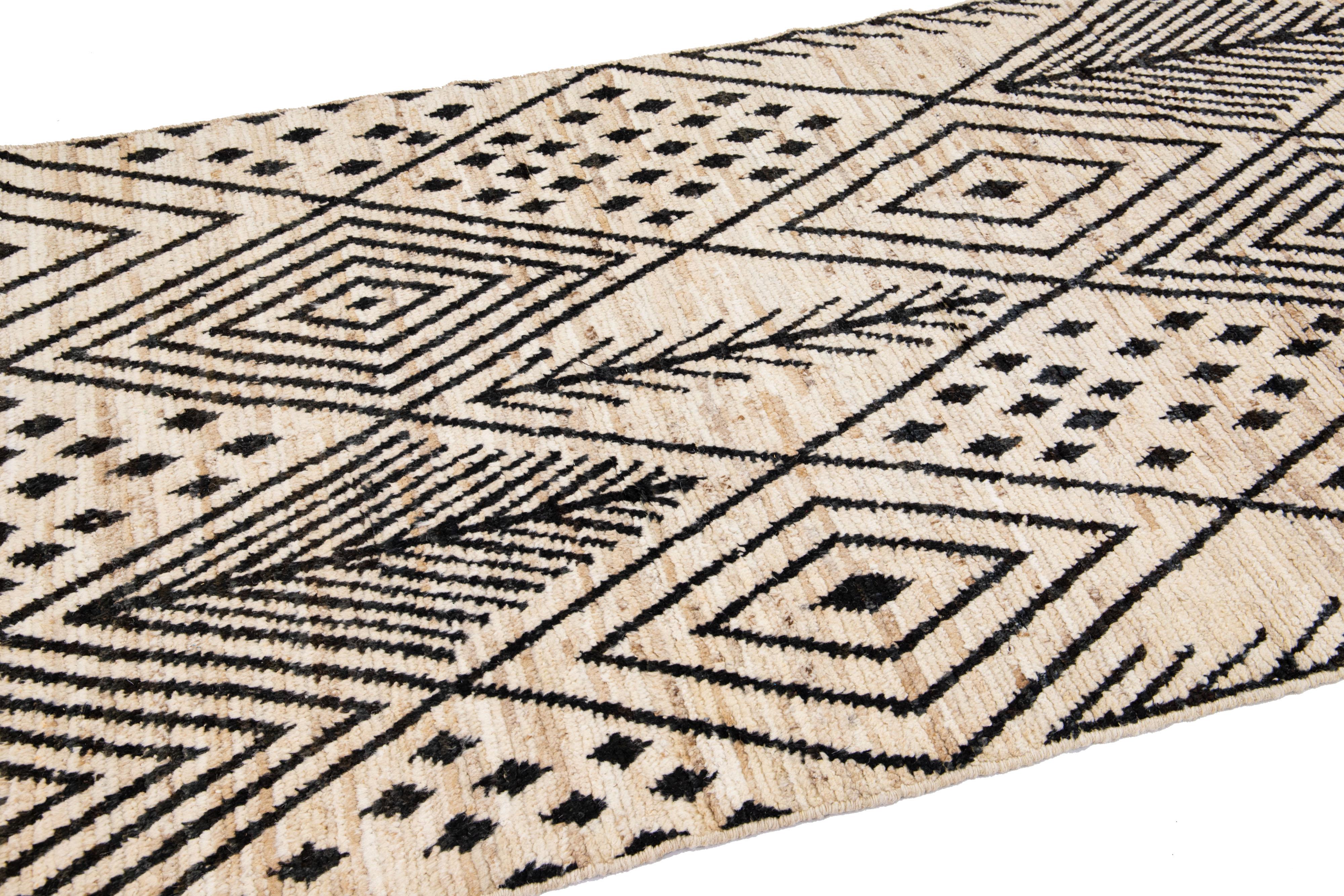 Modern Moroccan Style Handmade Ivory Wool Runner with Tribal Design In New Condition For Sale In Norwalk, CT