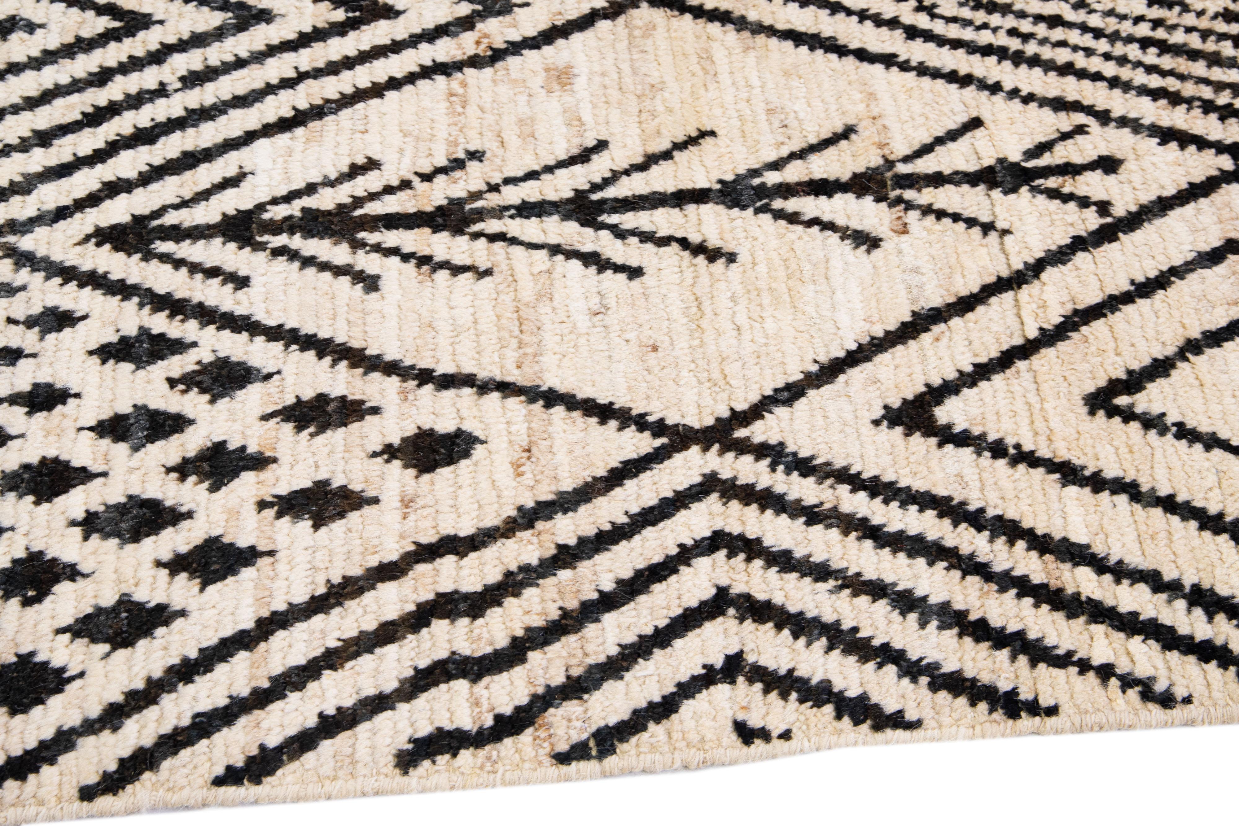 Modern Moroccan Style Handmade Ivory Wool Runner with Tribal Design For Sale 1