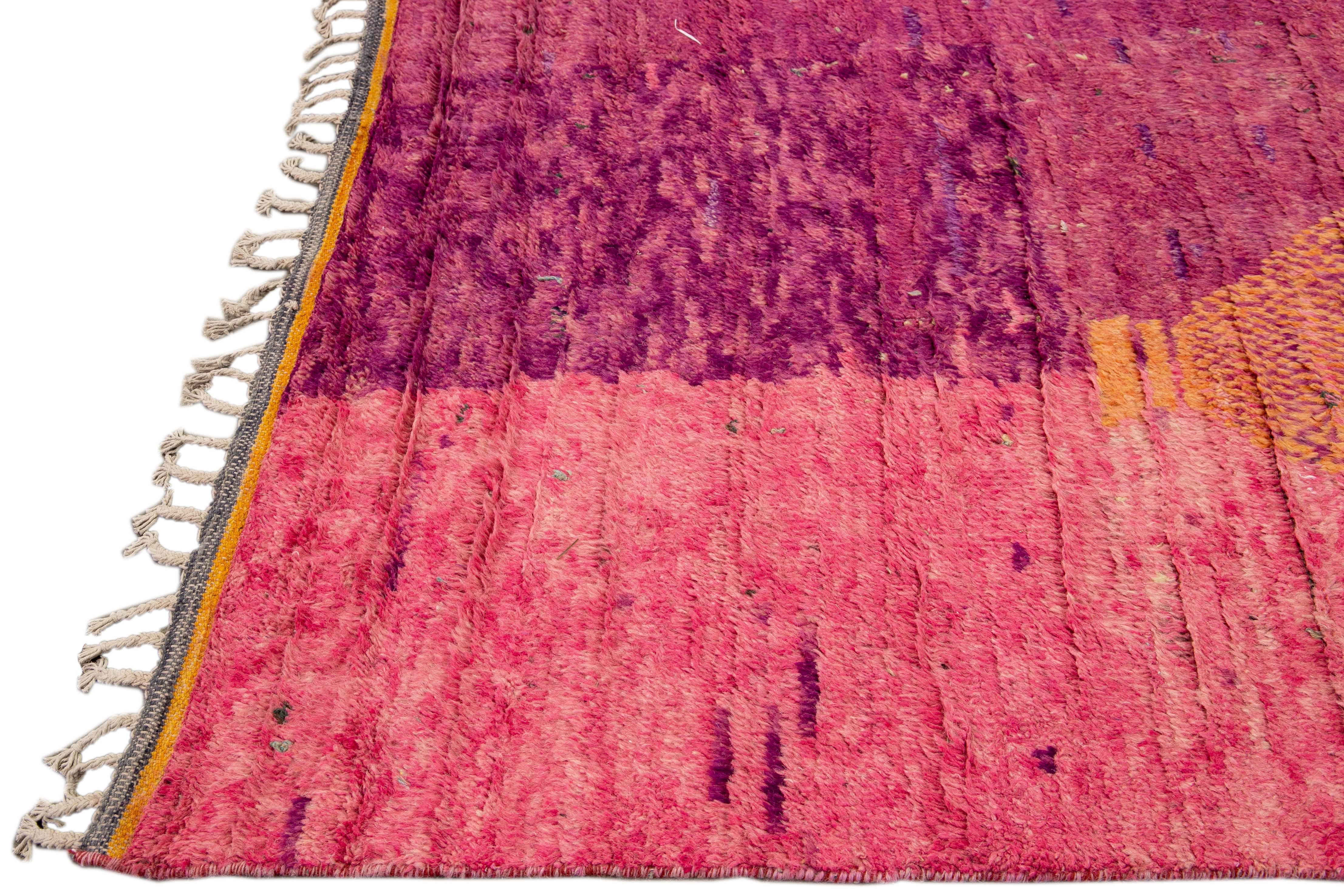 Bohemian Modern Moroccan Style Handmade Minimal Designed Purple And Pink Boho Wool Rug For Sale