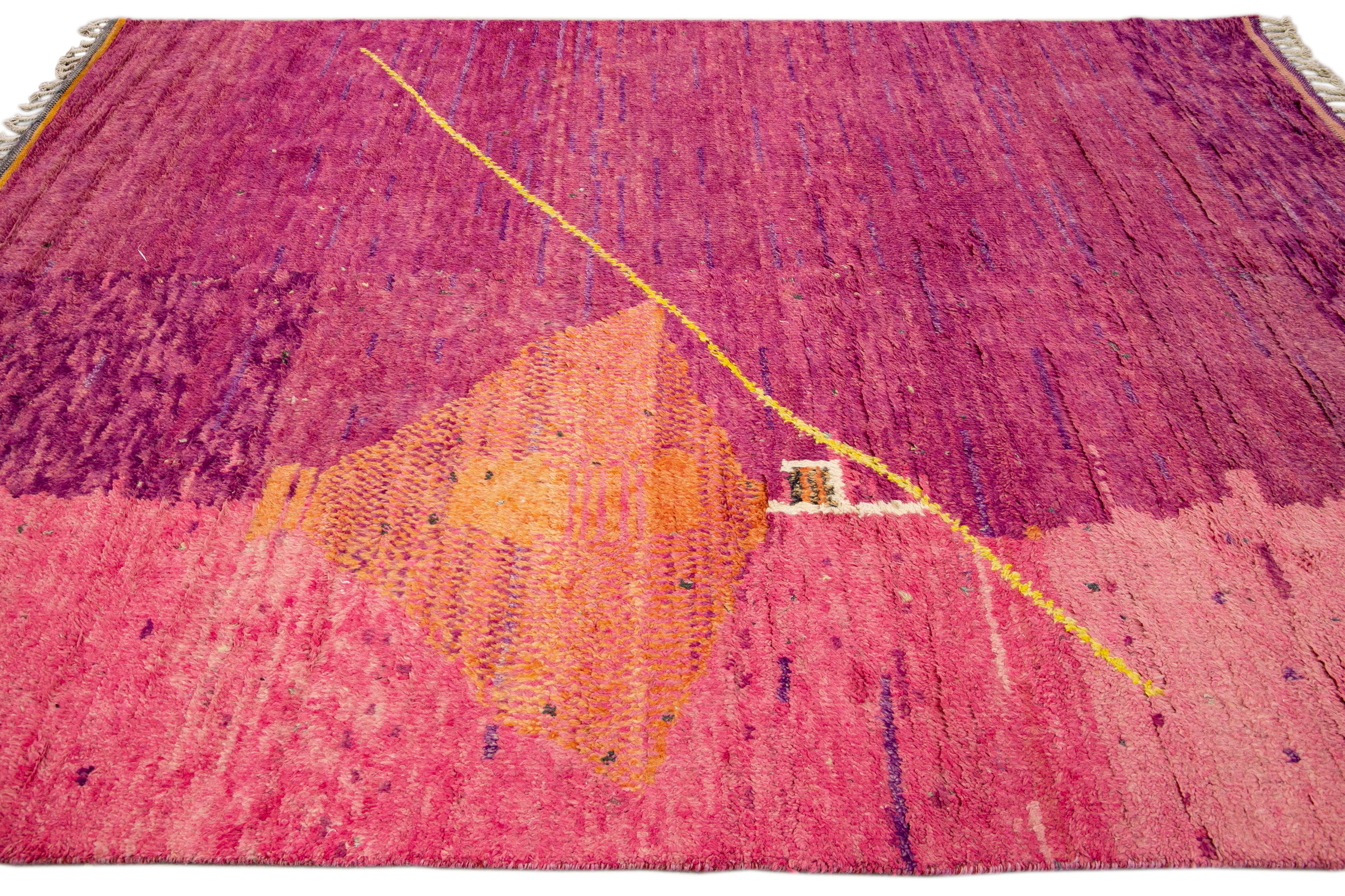 Hand-Knotted Modern Moroccan Style Handmade Minimal Designed Purple And Pink Boho Wool Rug For Sale