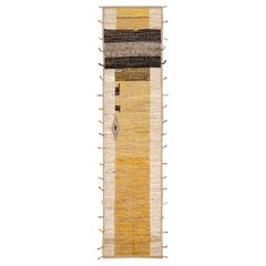 Modern Moroccan Style Handmade Minimal Pattern Yellow and Beige Boho Wool Runner