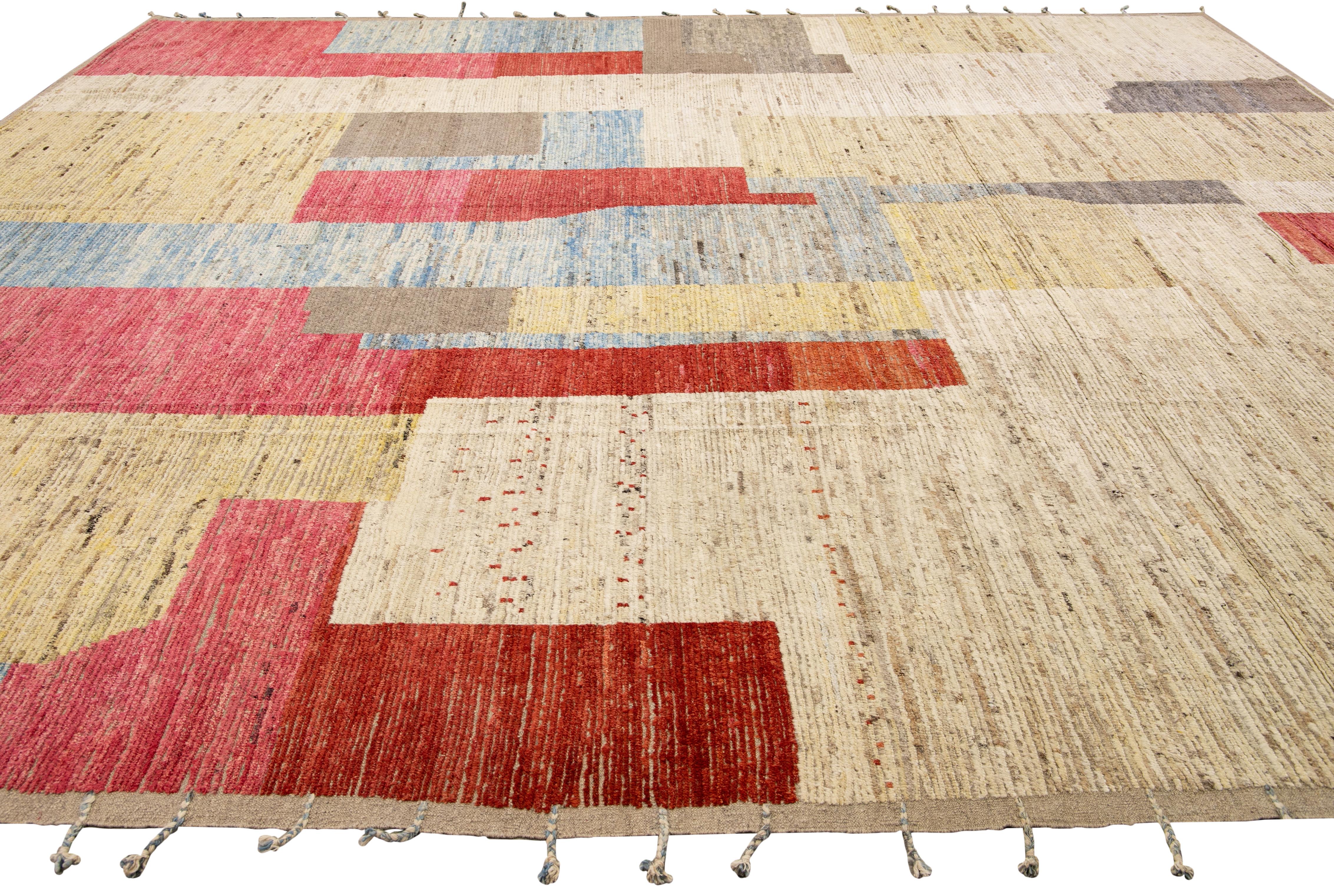 Hand-Knotted Modern Moroccan Style Handmade Multicolor Abstract Motif Boho Oversize Wool Rug For Sale