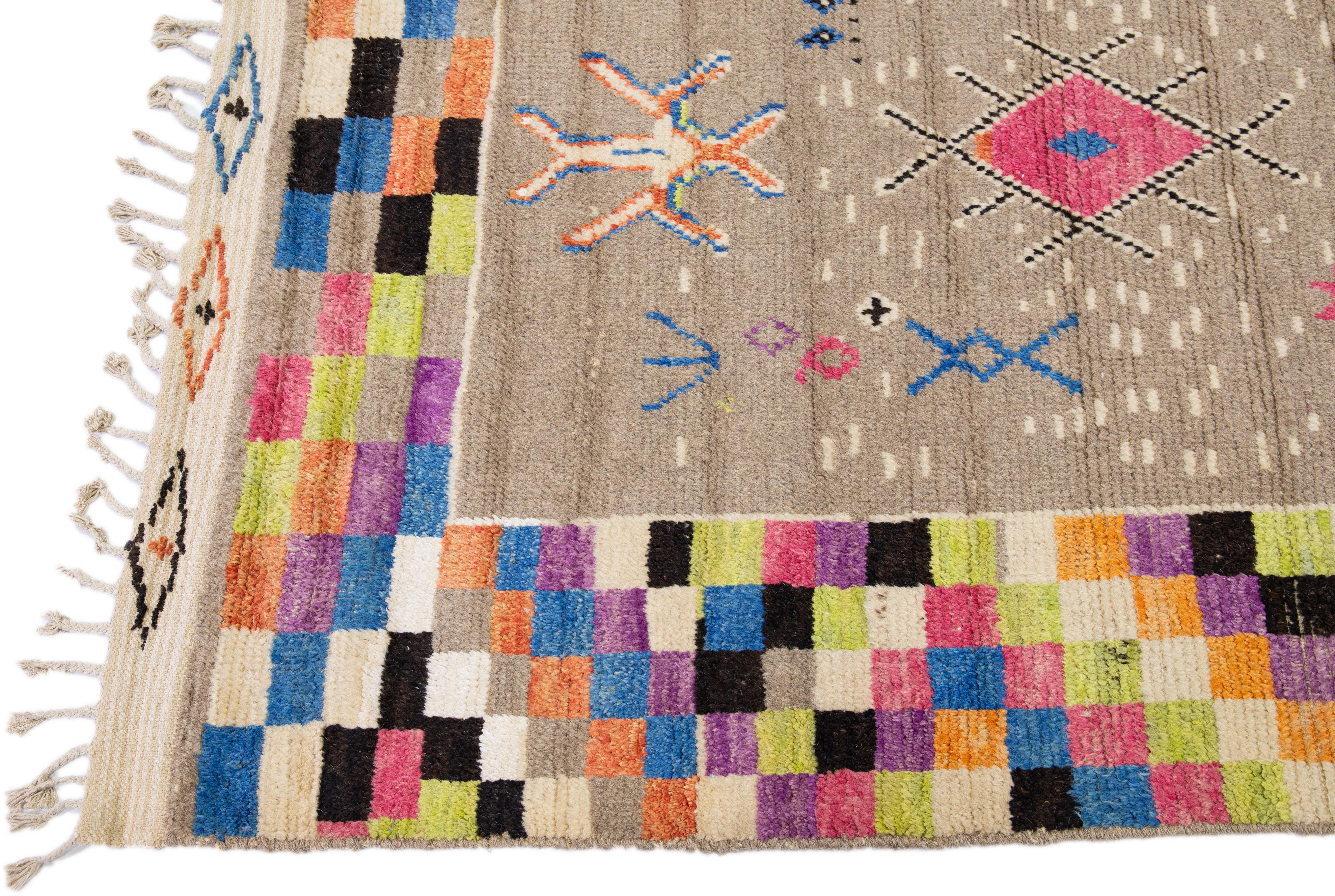 Hand-Knotted Modern Moroccan Style Handmade Multicolor Designed Room Size Wool Rug For Sale