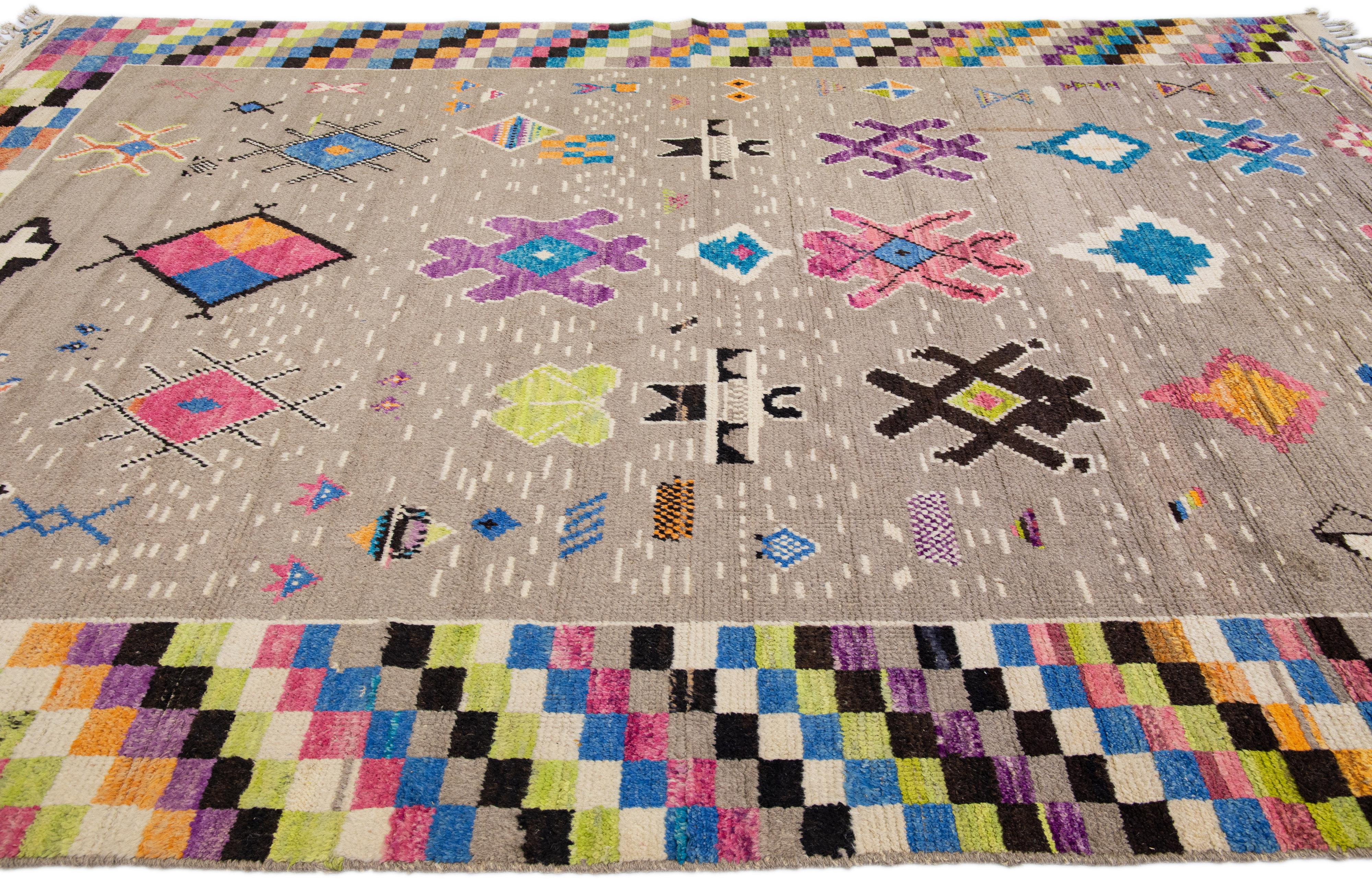 Modern Moroccan Style Handmade Multicolor Designed Room Size Wool Rug In New Condition For Sale In Norwalk, CT