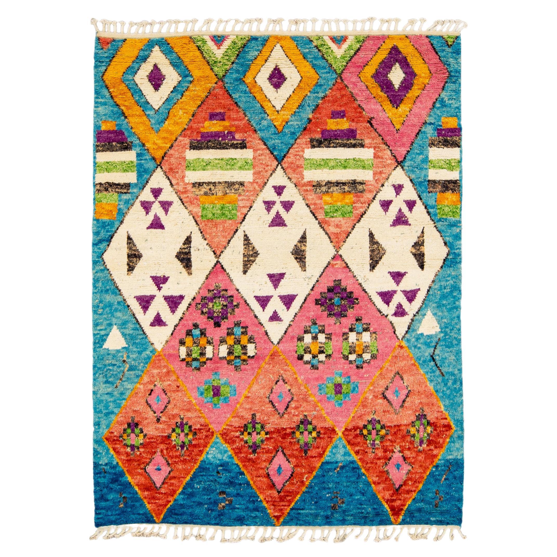 Modern Moroccan Style Handmade Multicolor Tribal Blue Boho Wool Rug