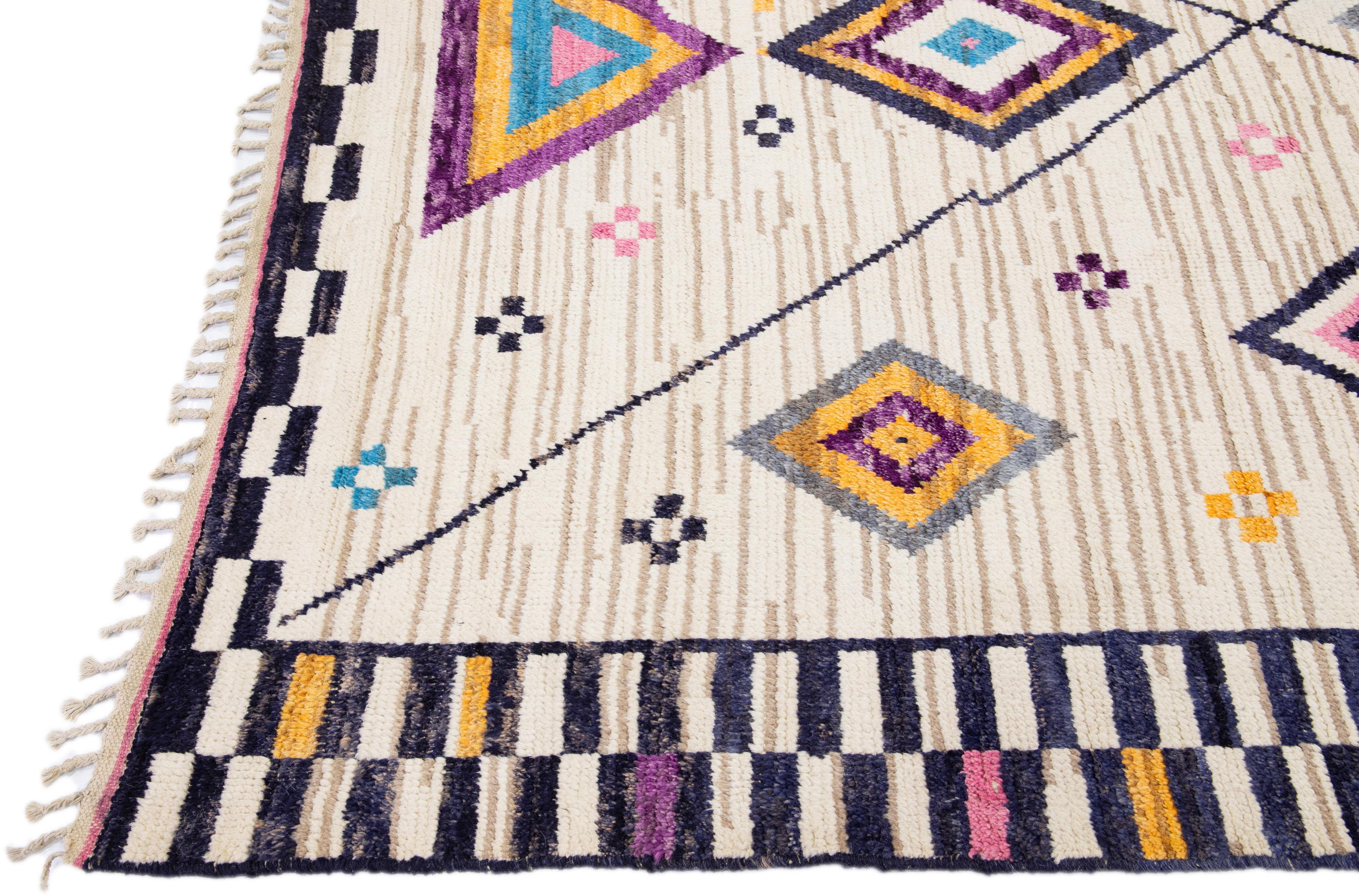 Hand-Knotted Modern Moroccan Style Handmade Multicolor Tribal Wool Rug For Sale