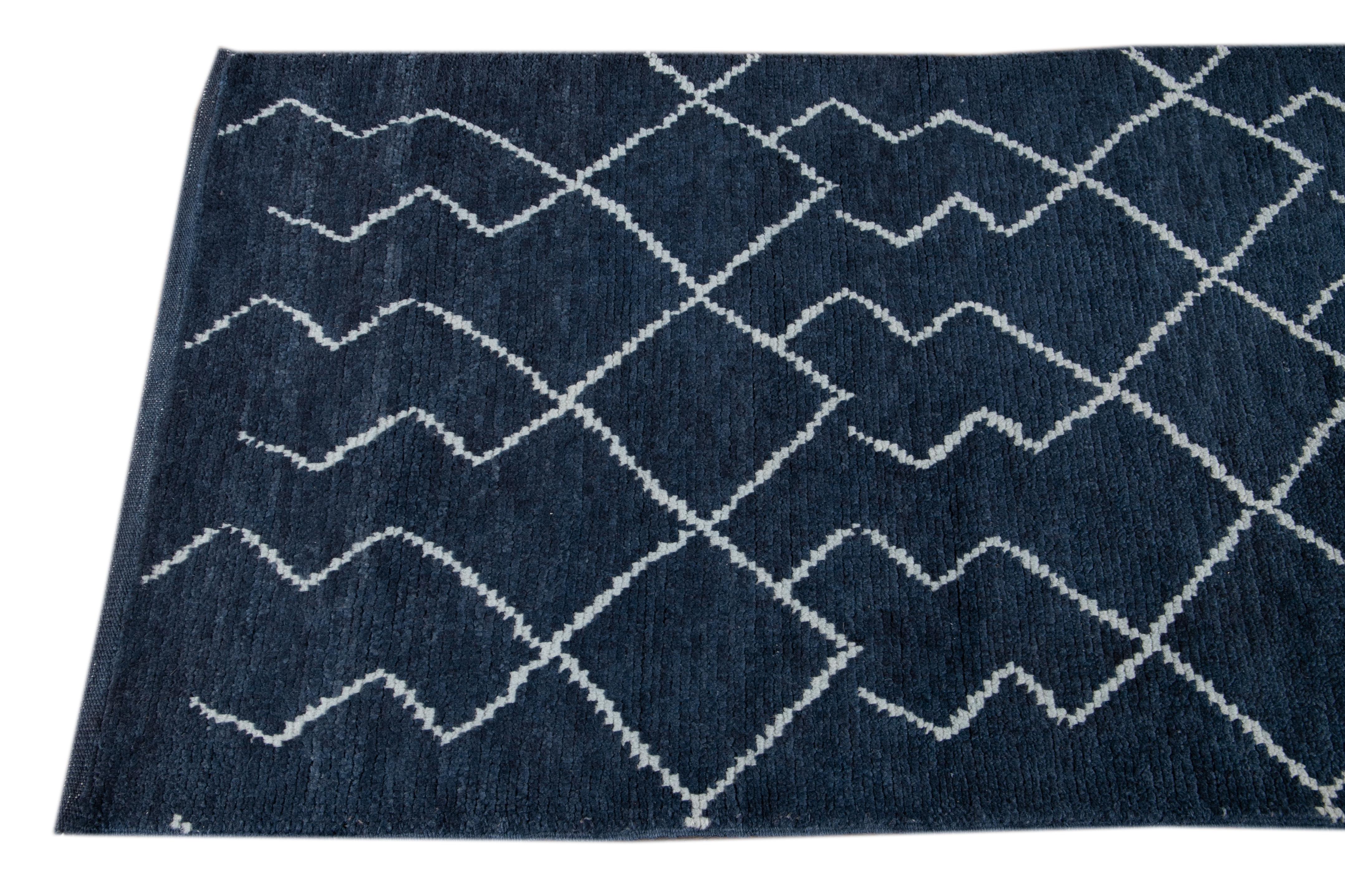 Hand-Knotted Modern Moroccan Style Handmade Navy-Blue Wool Runner For Sale