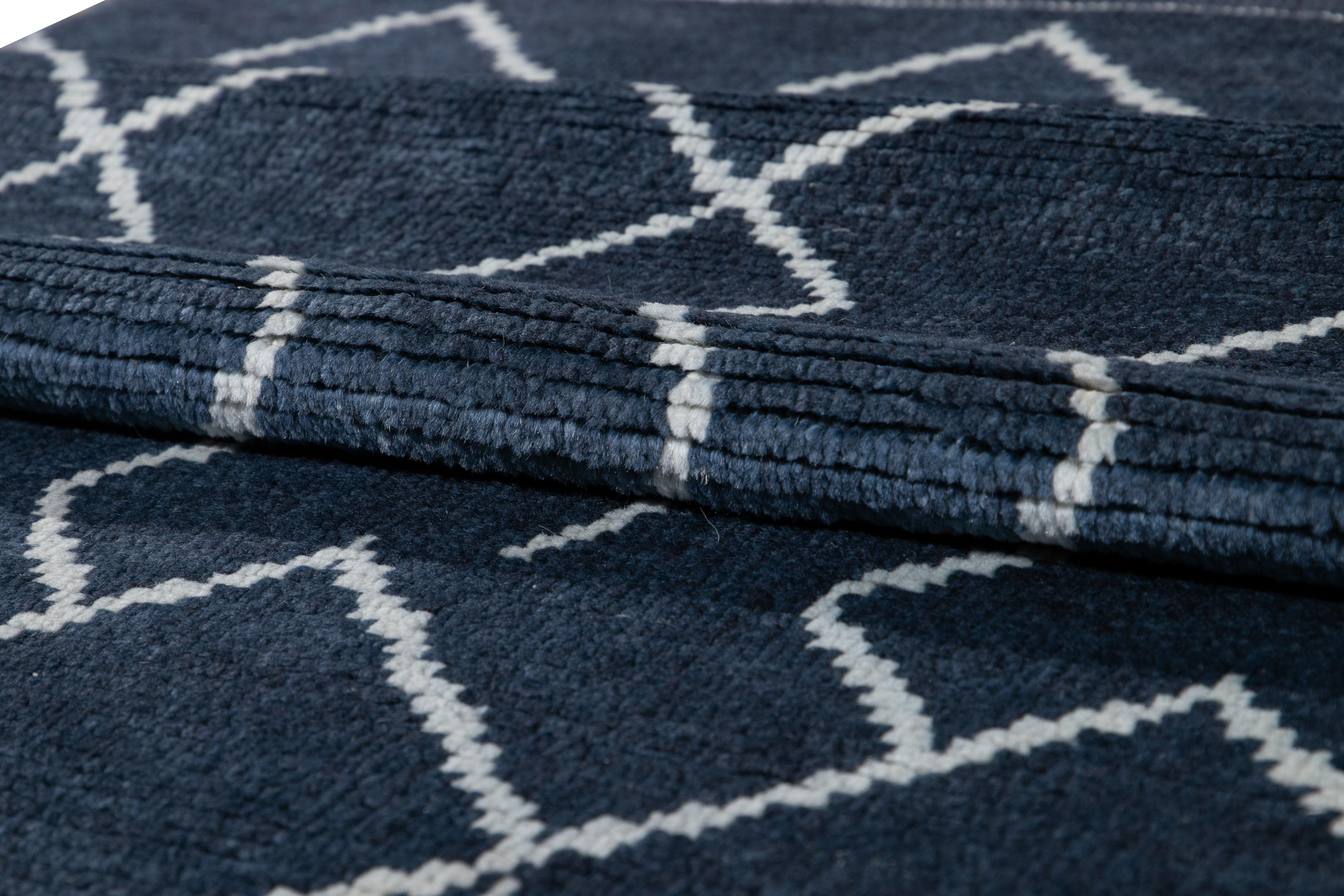 Modern Moroccan Style Handmade Navy-Blue Wool Runner In New Condition For Sale In Norwalk, CT