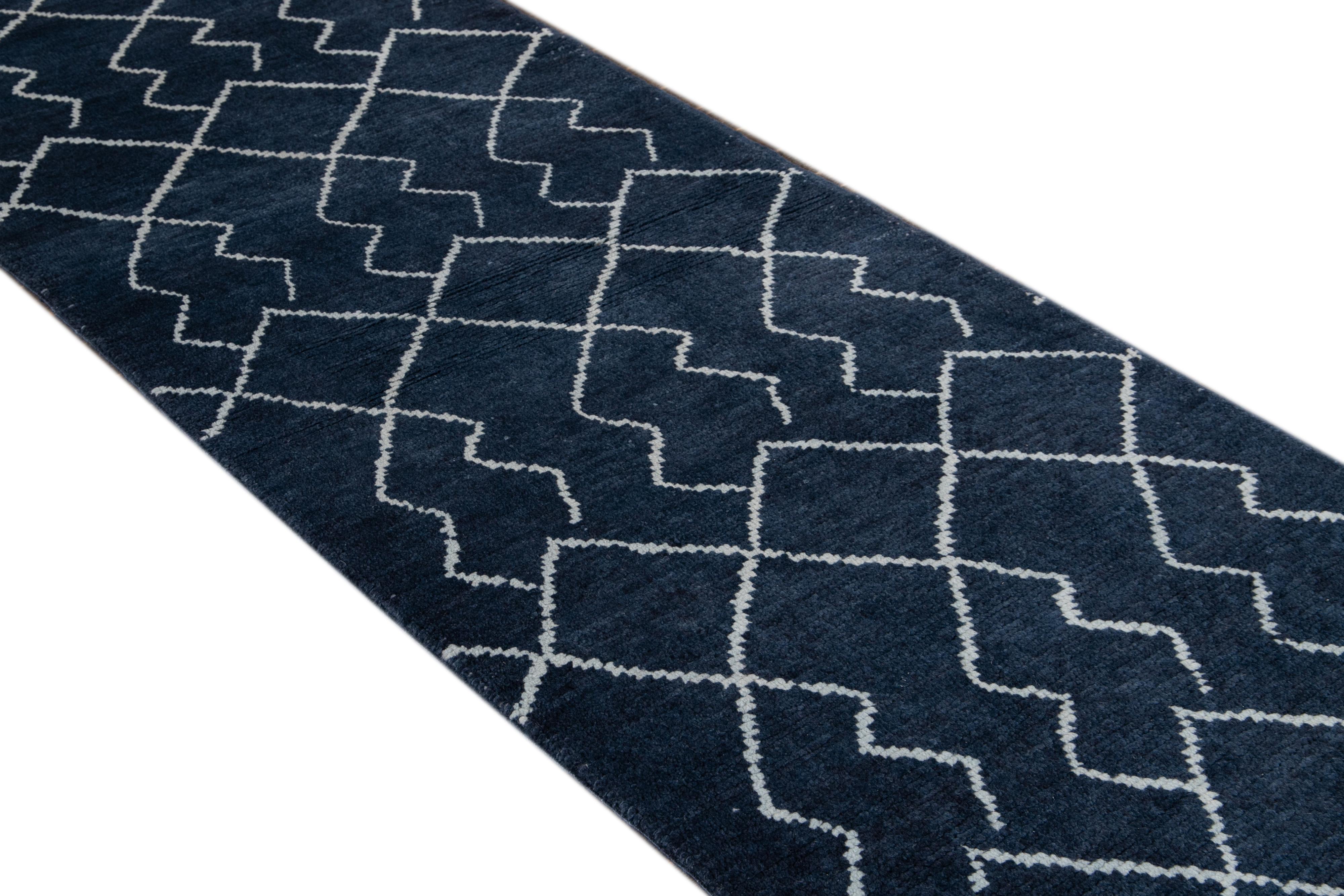 Contemporary Modern Moroccan Style Handmade Navy-Blue Wool Runner For Sale
