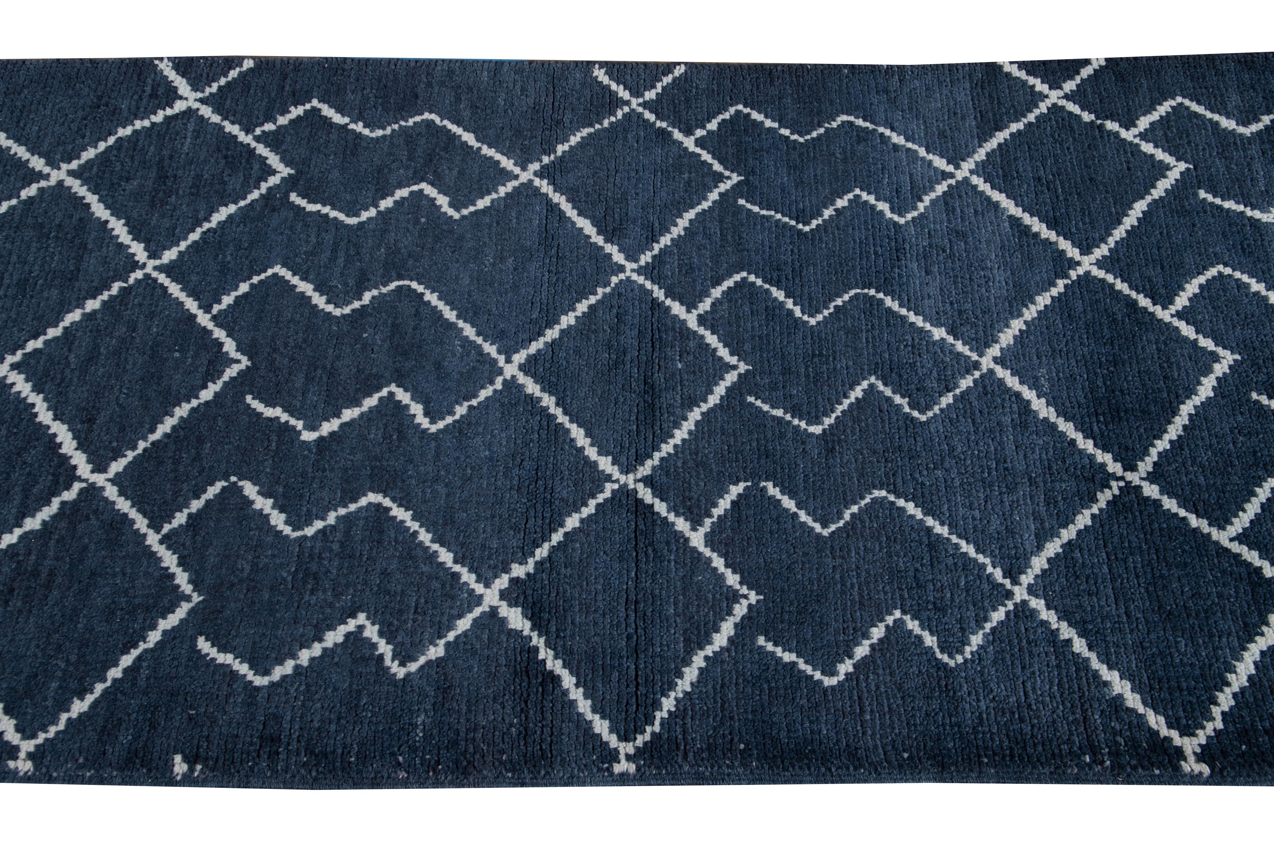 Modern Moroccan Style Handmade Navy-Blue Wool Runner For Sale 1
